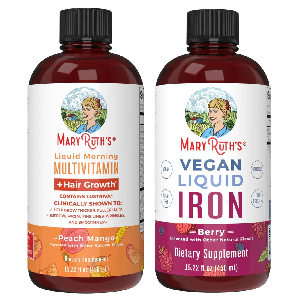 MaryRuth's MaryRuth's Liquid Morning Multivitamin +Hair Growth (Peach Mango, 15.22oz) & Iron Liquid (Berry) | Clean Label Project Verified® | MARYRUTH'S Au supplements