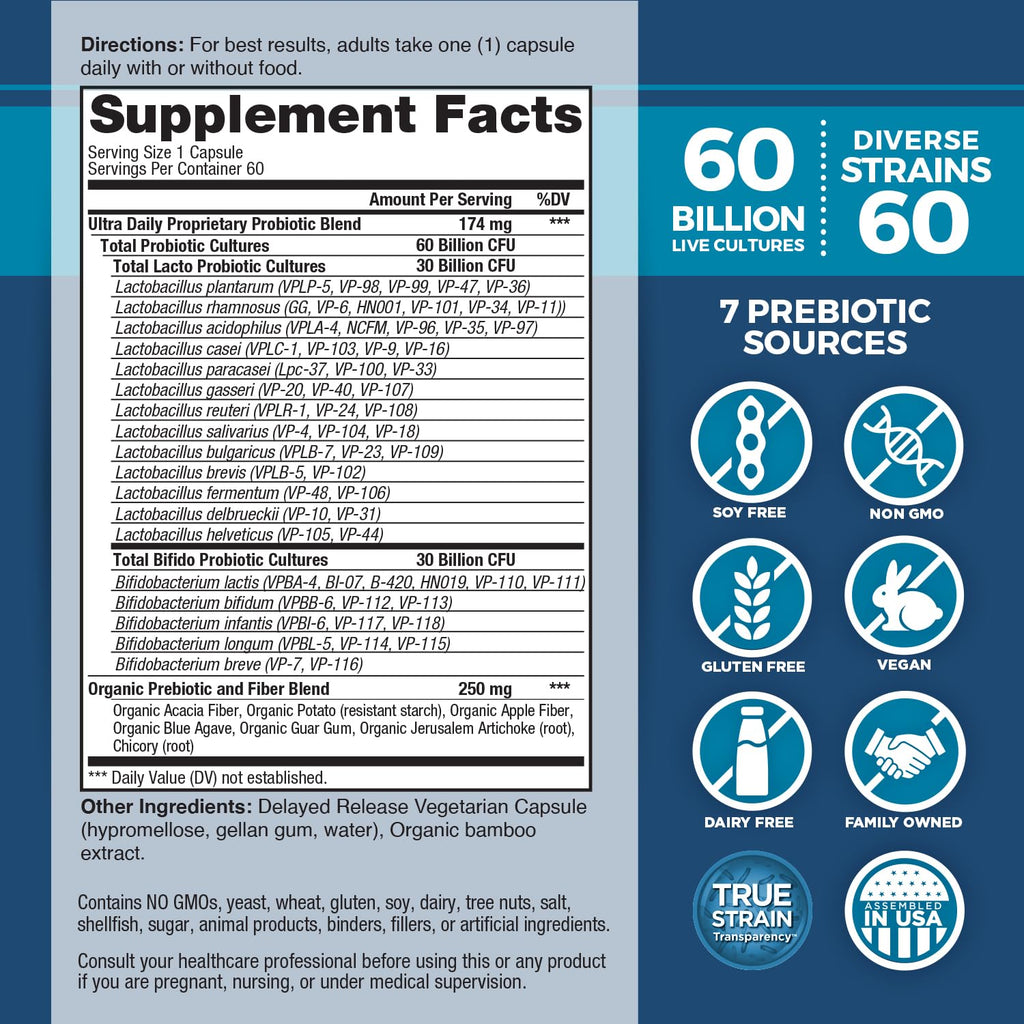 Vital Planet - Vital Flora Ultra Daily Probiotic 60 Billion CFU, Diverse Strains, Organic Prebiotics, Immune Support, Bloating Relief, Digestive Health Probiotics for Women and Men 60 Capsules Vital Planet Au supplements