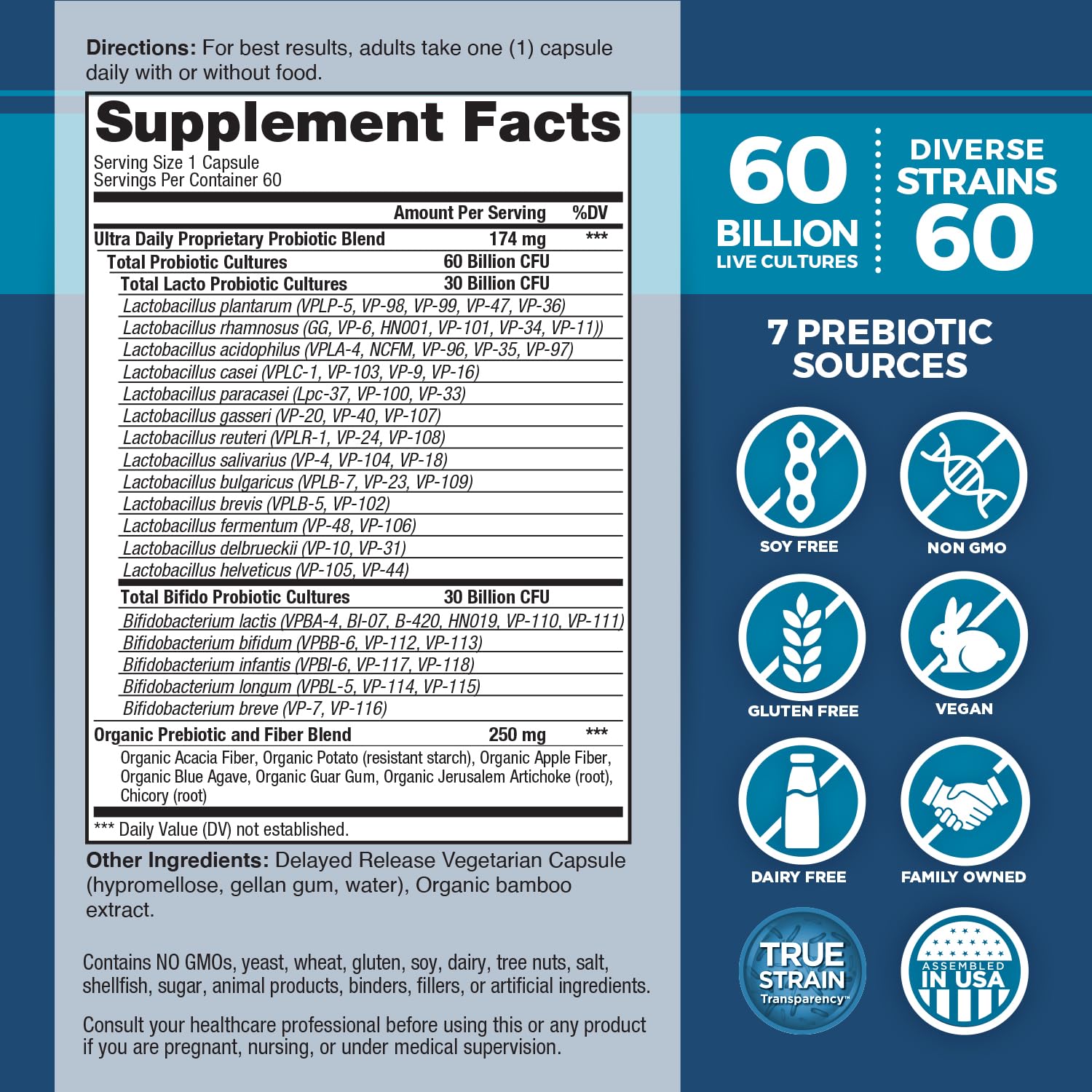 Vital Planet - Vital Flora Ultra Daily Probiotic 60 Billion CFU, Diverse Strains, Organic Prebiotics, Immune Support, Bloating Relief, Digestive Health Probiotics for Women and Men 60 Capsules Vital Planet Au supplements