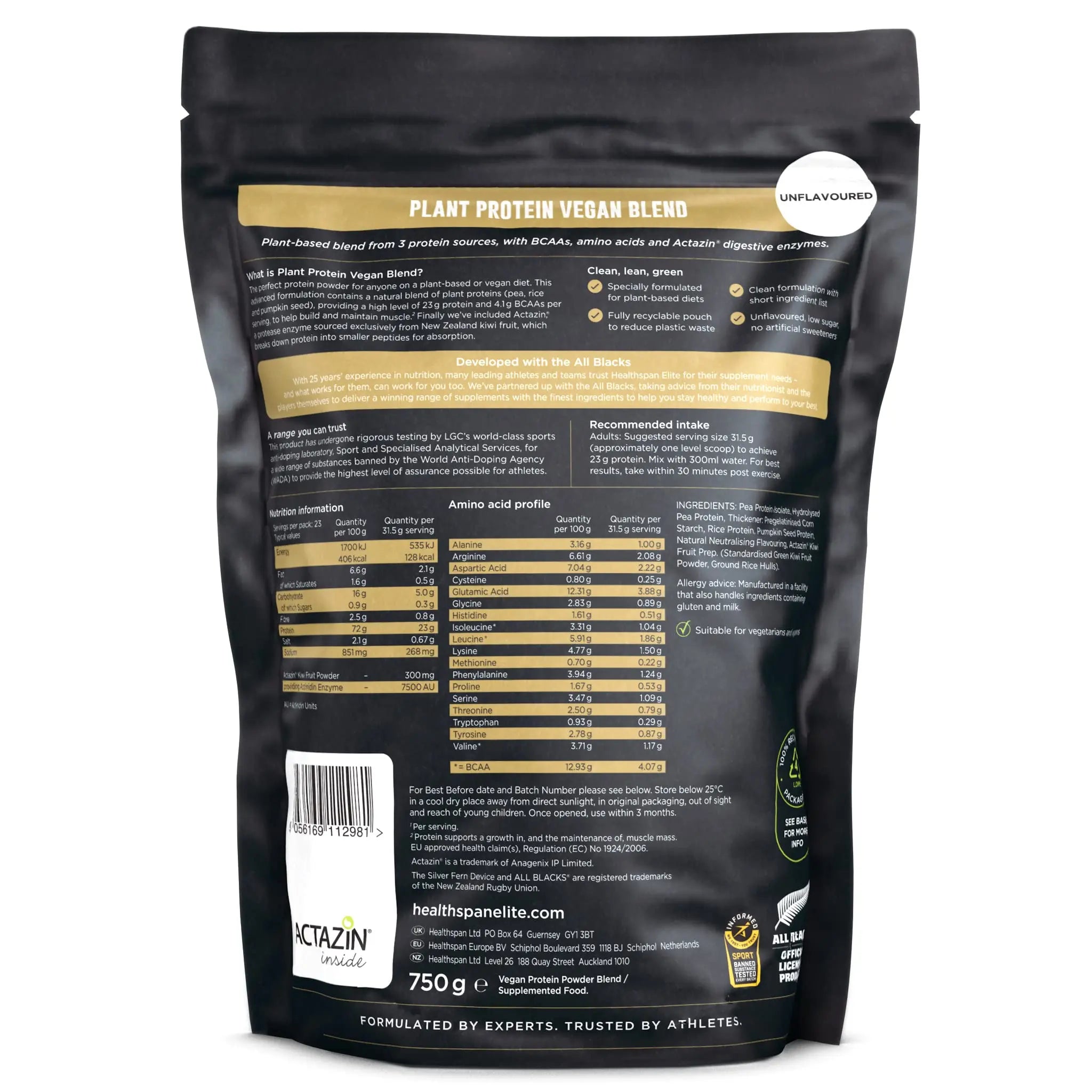 Healthspan Elite Plant Protein Vegan Blend (750g) | All Blacks Partner | 23g Protein Per Serving Healthspan Elite Au supplements