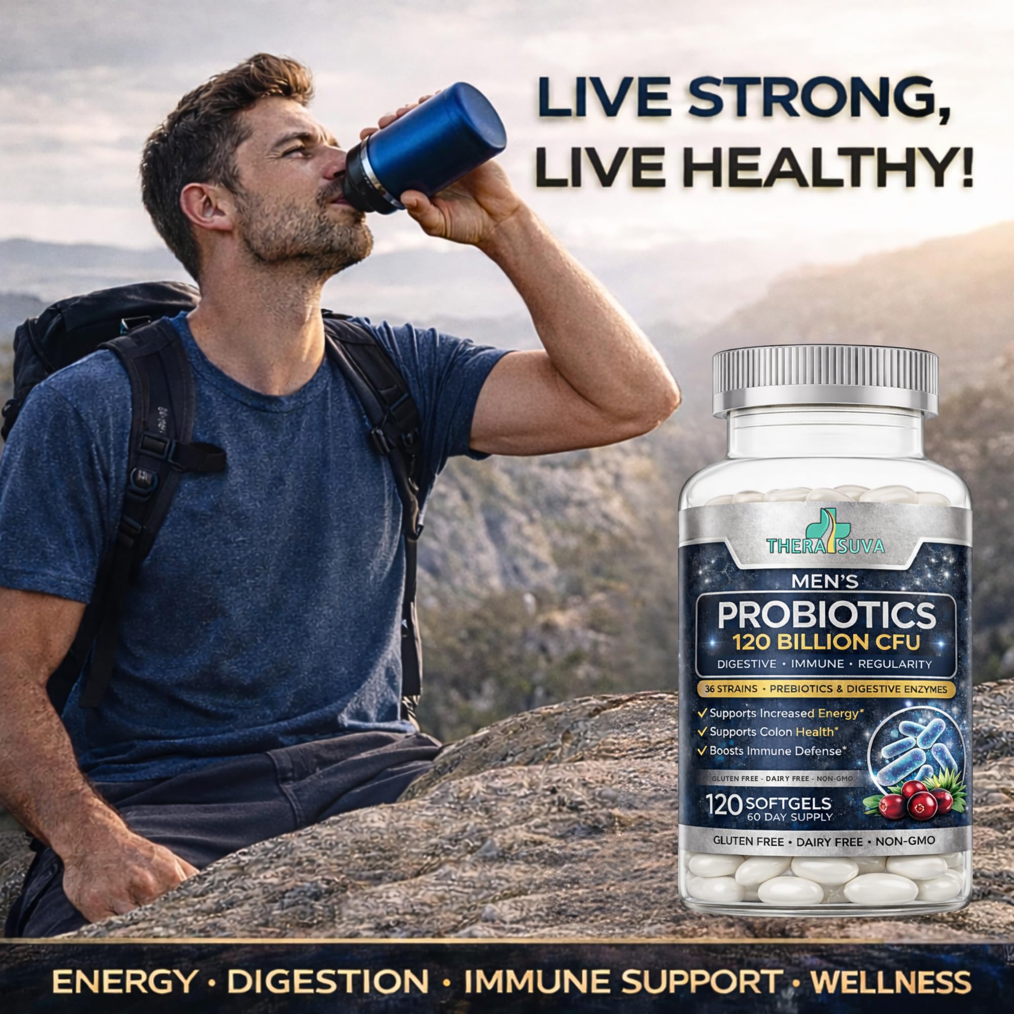 Men’s Advanced Probiotics 120 Billion CFU - 36 Strains + Prebiotics, Enzymes & Veggie Blend for Gut, Immune & Colon Health - 2 Month Supply, 120 Softgels