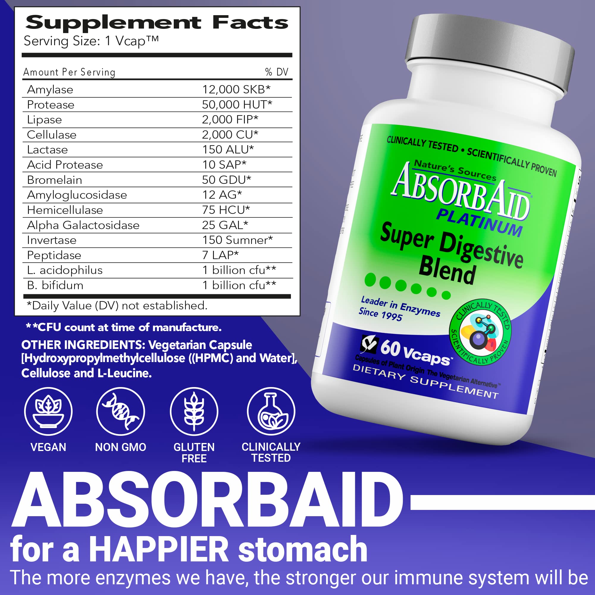AbsorbAid Platinum Digestive Enzyme Support 60 vCaps, 12 Digestive Enzymes Plus 2 Probiotics for Maximum Relief
