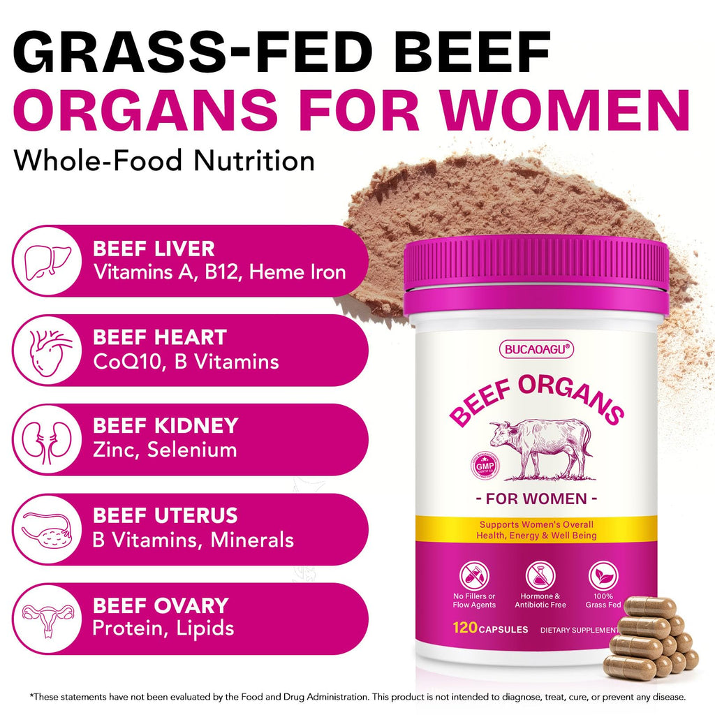 Beef Organ Supplement for Women - Grass-Fed Beef Liver, Kidney, Heart, Uterus, Ovary - Supports Female Energy & Hormone Balance - Pasture Raised in New Zealand
