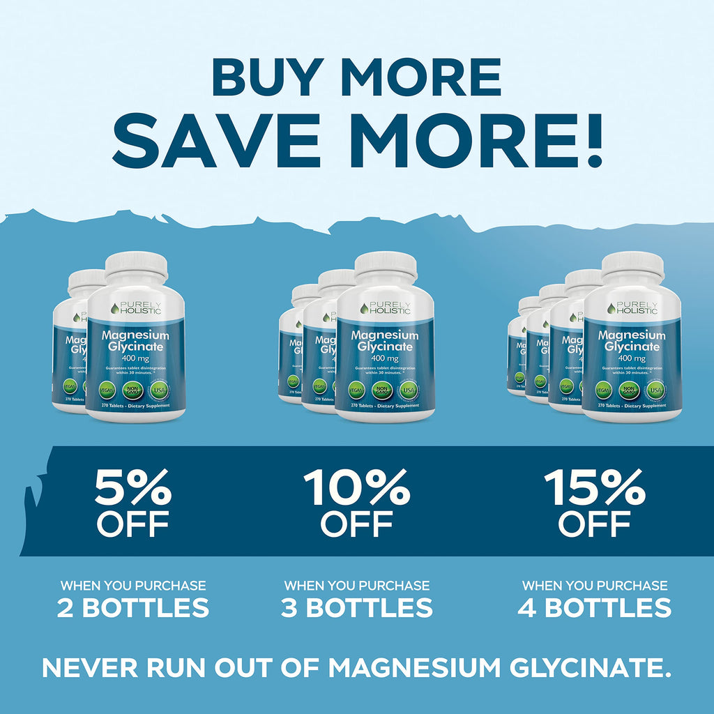 Magnesium Glycinate 400mg - 270 Magnesium Tablets (not Capsules) - 400 mg Elemental Magnesium - Highly Bioavailable - Vegan and Vegetarian - for Improved Sleep, Stress Relief & Cramp Defense Purely Holistic Au supplements