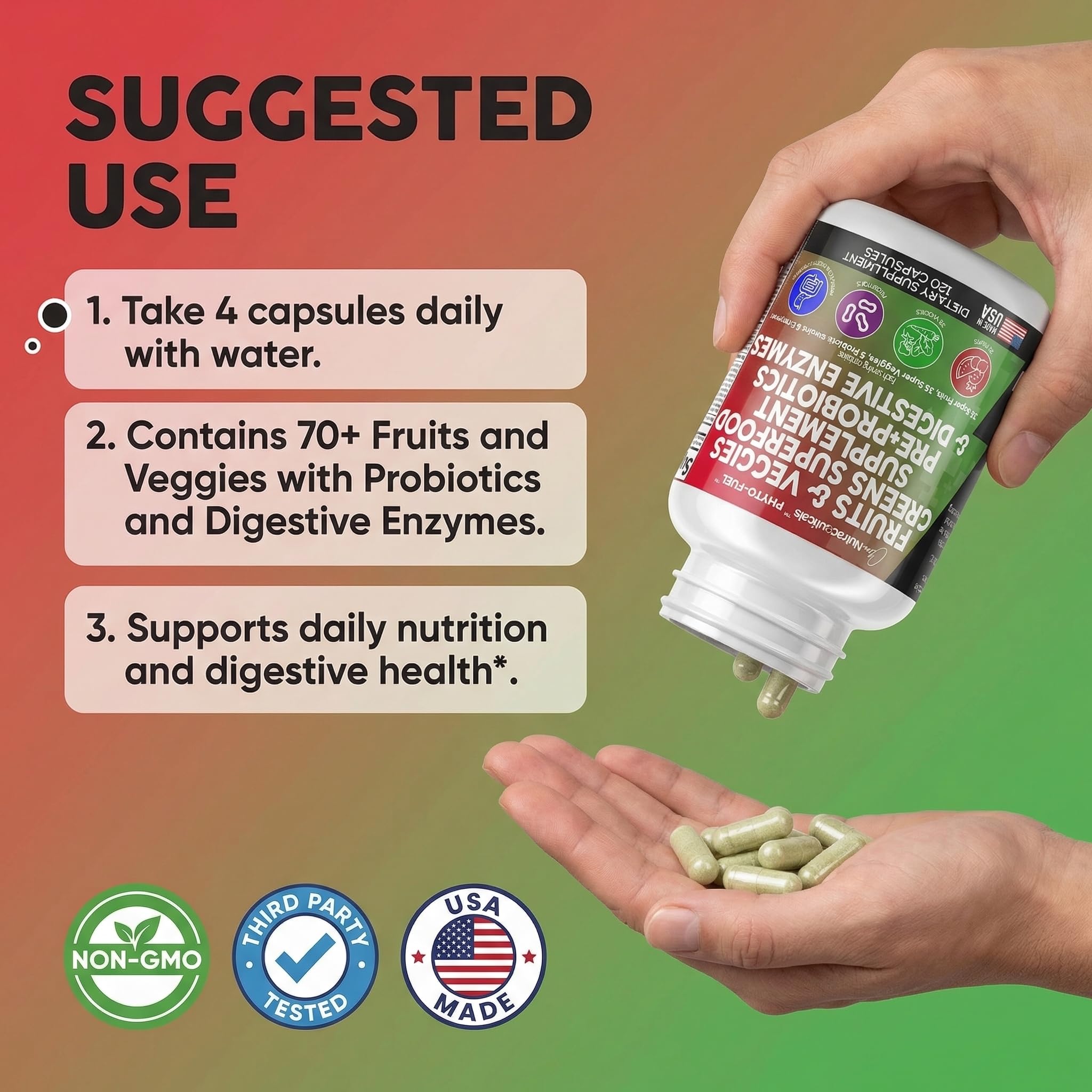 Clean Nutraceuticals Fruits and Veggies Supplement Reds & Green Superfood - Balance of Over 70 Fruit & Vegetable Supplements Capsules with Probiotics Prebiotics