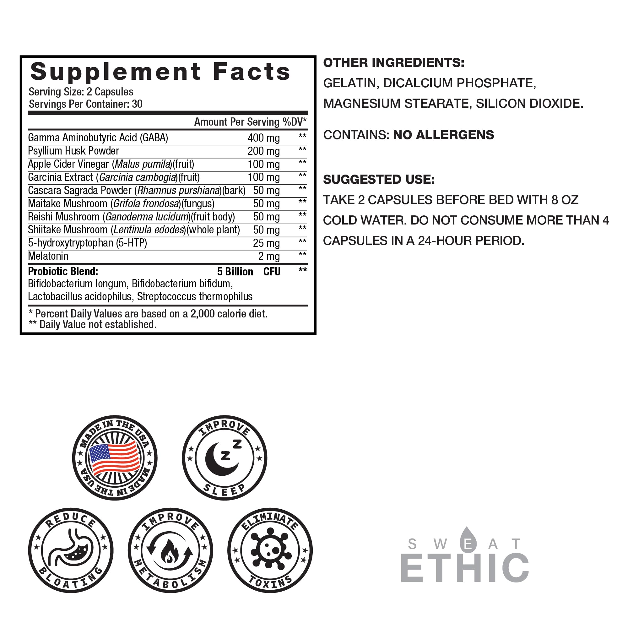 Sweat Ethic Pure & Lean Detox, Natural Nighttime Support with GABA, 5 HTP, Melatonin, Probiotics & Herbal Extracts, Supports Evening Routine and Digestion, Dietary Supplement