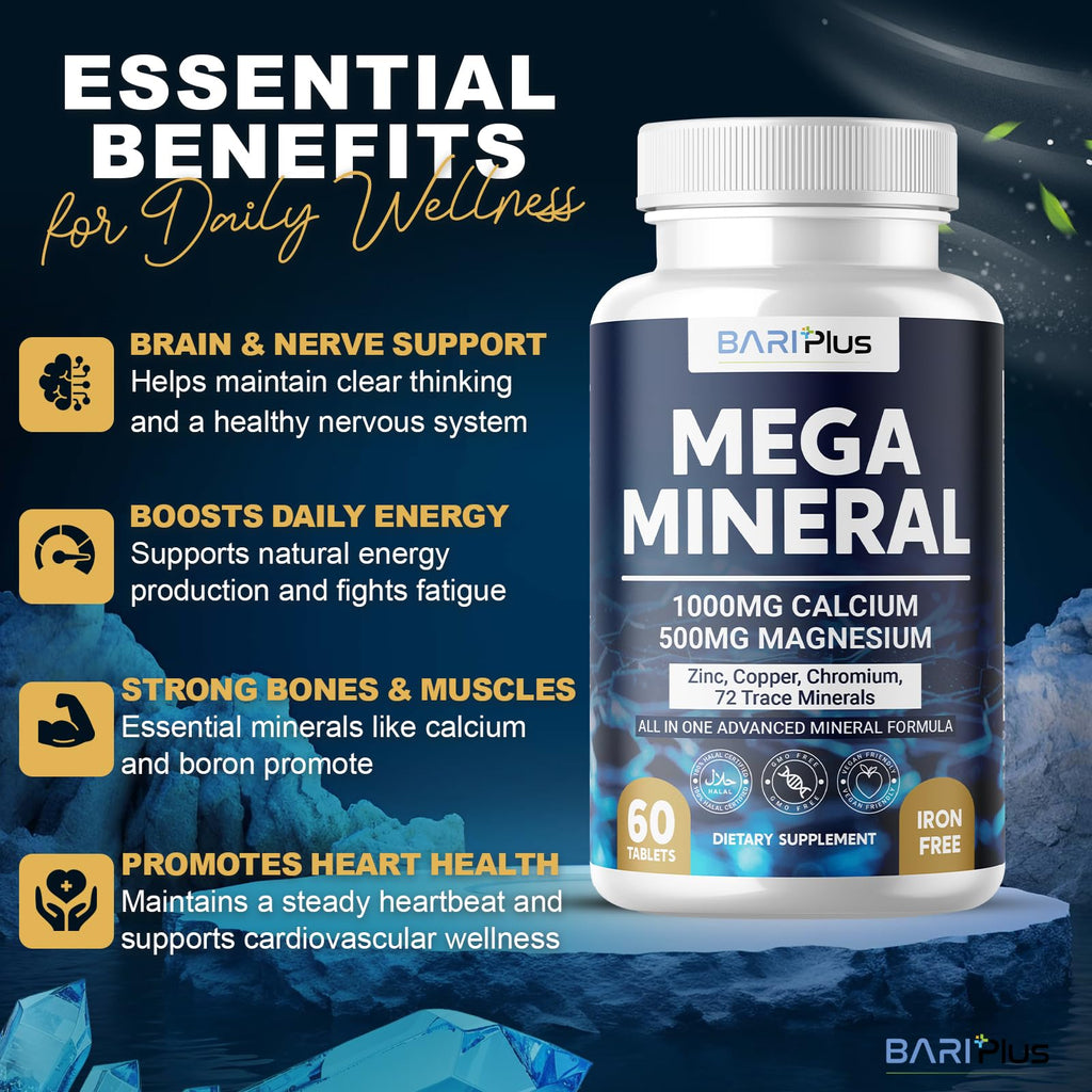 Mega Mineral – Complete Complex with Vitamin D, Calcium, Magnesium, Zinc, Potassium, Boron, Selenium, Chromium & Trace Minerals – Iron-Free – USA Made – 60 Tablets