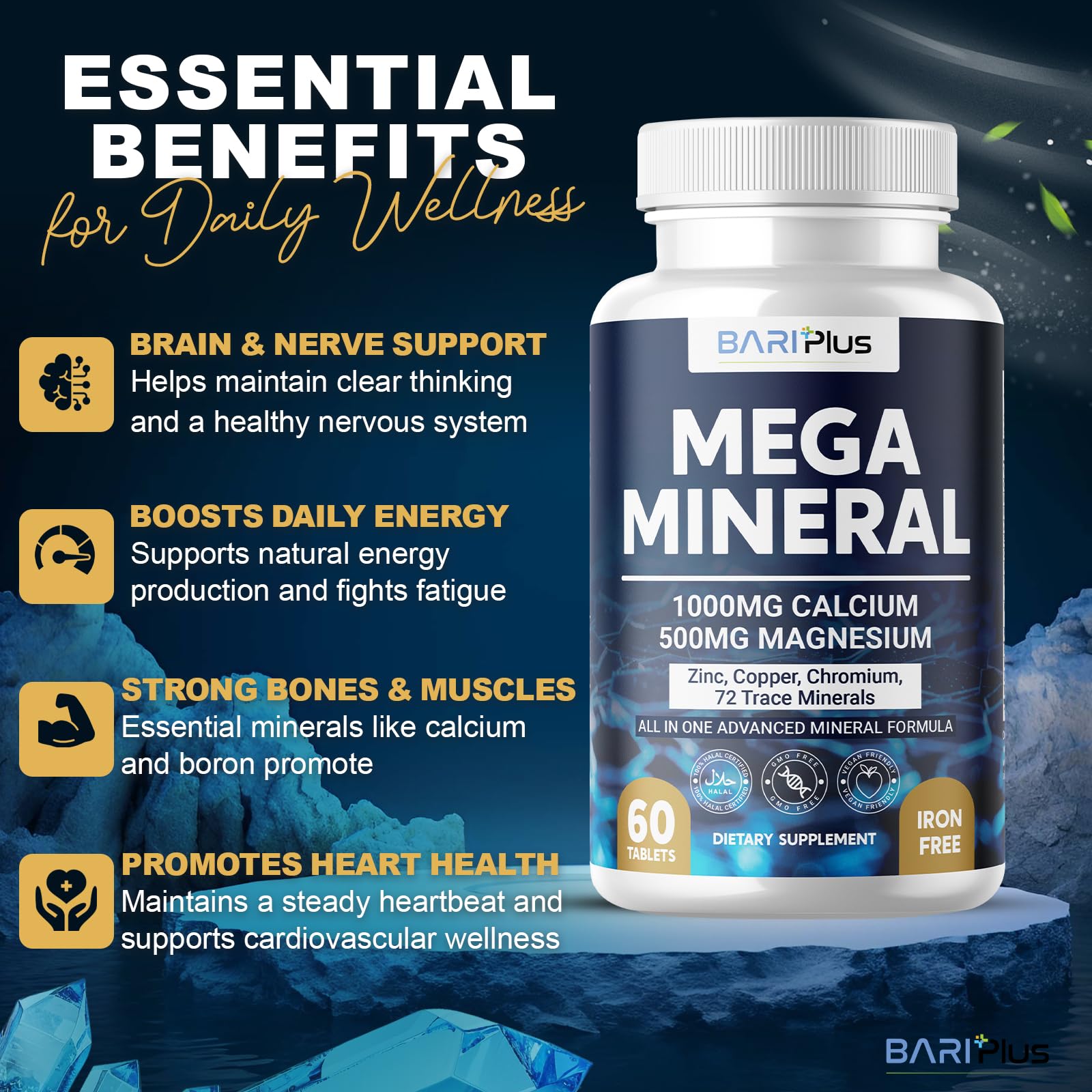 Mega Mineral – Complete Complex with Vitamin D, Calcium, Magnesium, Zinc, Potassium, Boron, Selenium, Chromium & Trace Minerals – Iron-Free – USA Made – 60 Tablets