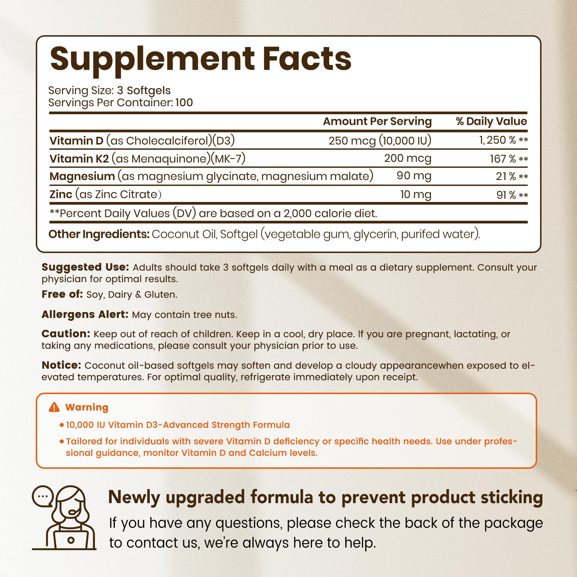 VEV Vitamin D3 K2 10,000 IU Magnesium Supplement – with Vitamin D and K (MK-7), Magnesium Glycinate & Malate, Zinc Citrate