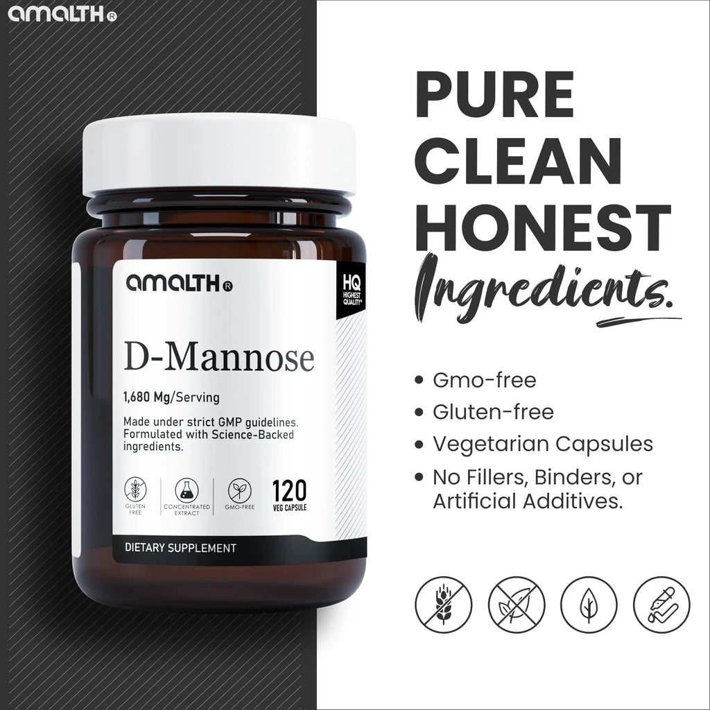AMALTH D-Mannose Capsules 1680 mg per Serving, 120 Vegan Capsules, Pure Single Ingredient Mannose Supplement, Urinary Tract Support, UTI Wellness Support, Non GMO, Gluten Free AMALTH Au supplements