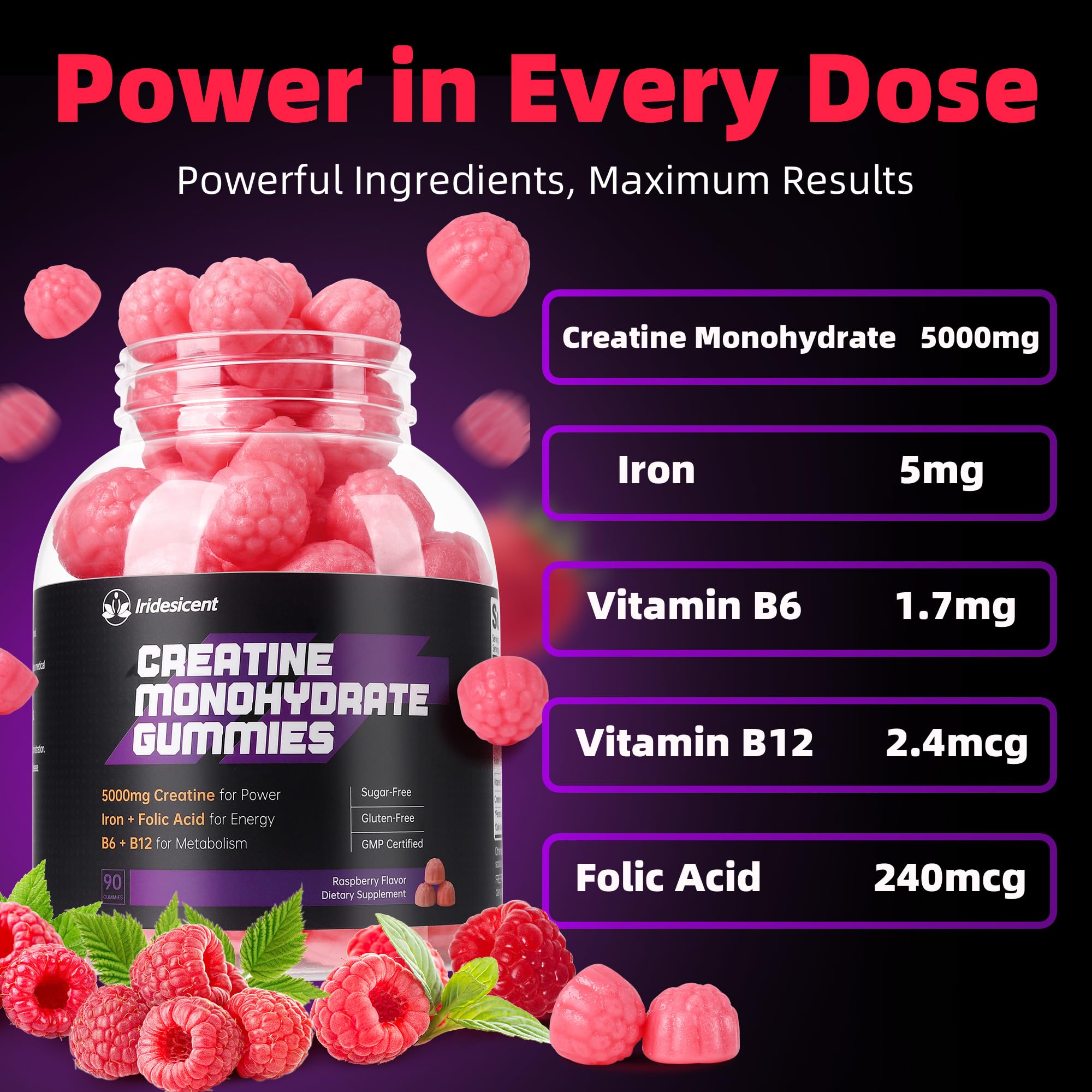 IRIDESICENT Creatine Monohydrate Gummies 5000mg w/Iron, Vitamin B6 & B12, Sugar Free 5g Creatine Supplements for Women and Men Boost Energy & Muscle Recovery - 90 Raspberry Gummies IRIDESICENT Au supplements