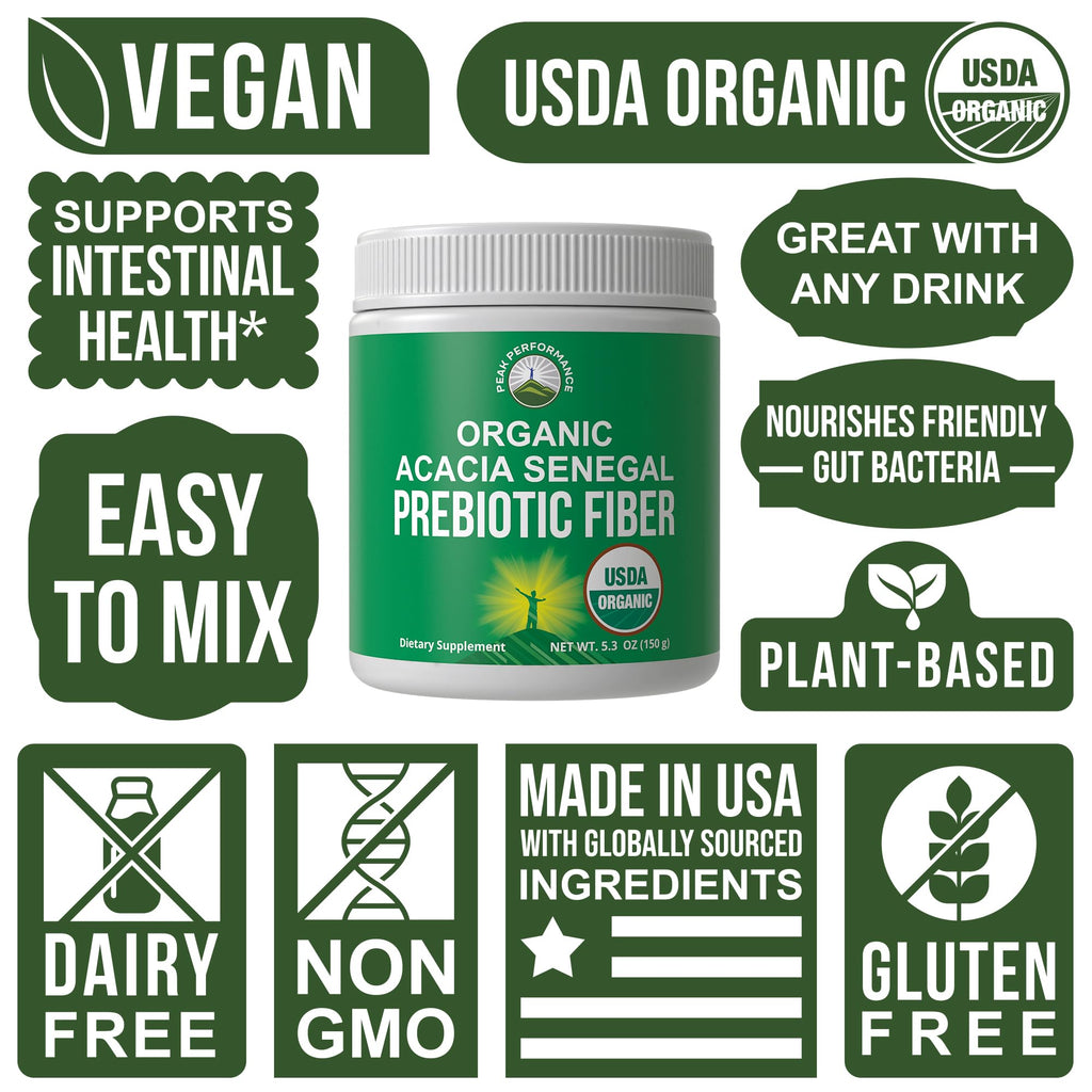 Peak Performance Organic Acacia Senegal Prebiotic Fiber Powder. Unflavored USDA Organic Plant Based Soluble Vegan Prebiotics Gut Health Supplement with Digestive Enzymes Peak Performance Au supplements