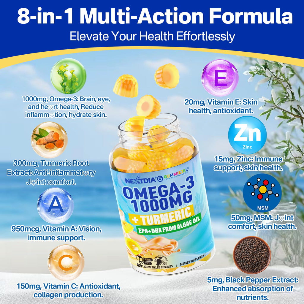Vegan Omega-3 Gummies 1000mg + Turmeric - Omega 3 Fish Oil Alternative for Adults - Algae DHA 600mg & EPA 300mg