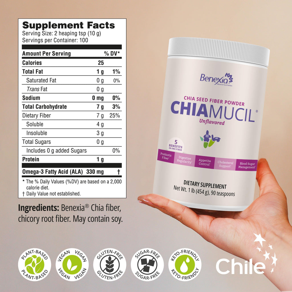 BENEXIA Chiamucil Prebiotic Chia Fiber Supplement Powder – for Appetite Control & Digestive Health – Chia Fiber & Chicory Root (Inulin) – Gluten & Sugar Free, Vegan