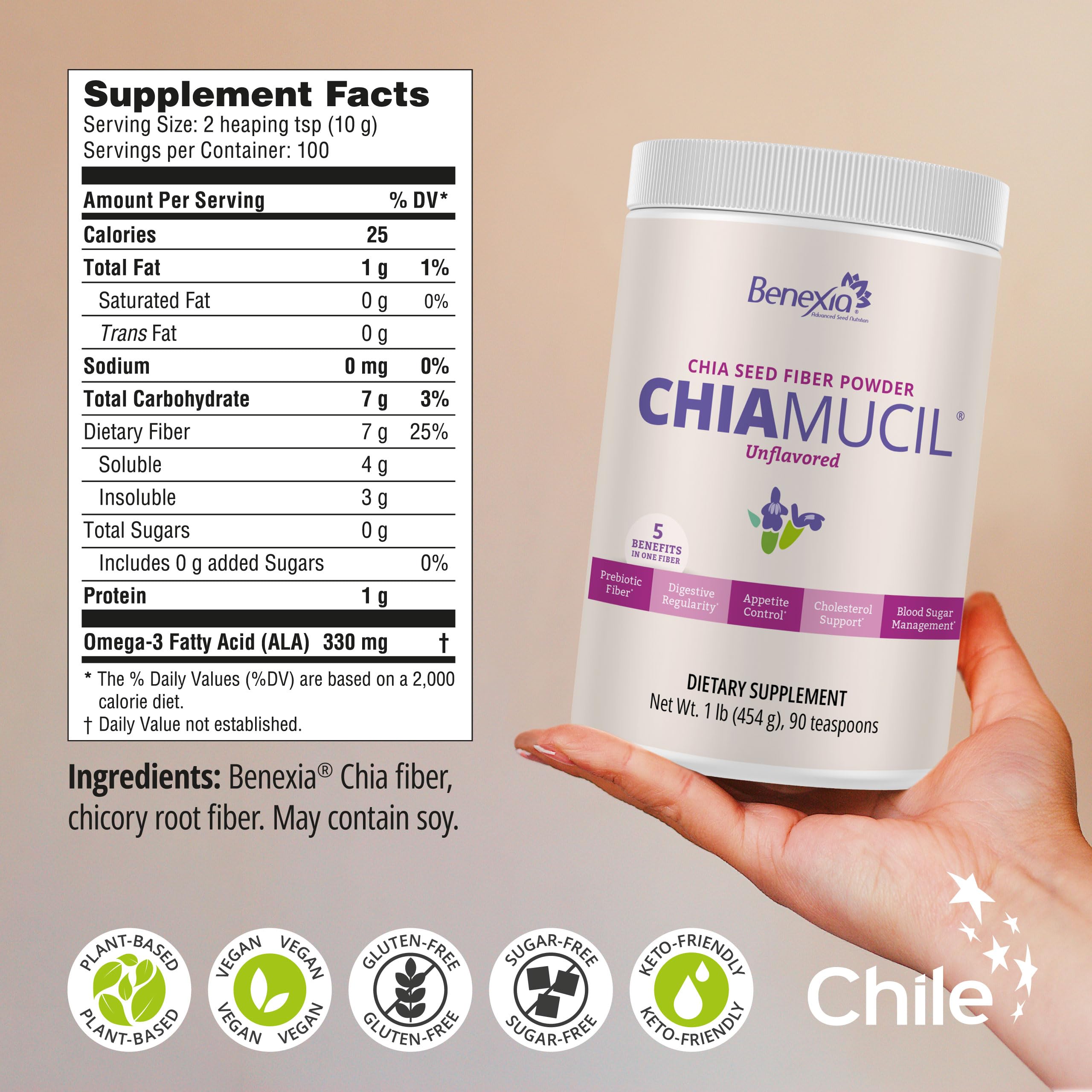 BENEXIA Chiamucil Prebiotic Chia Fiber Supplement Powder – for Appetite Control & Digestive Health – Chia Fiber & Chicory Root (Inulin) – Gluten & Sugar Free, Vegan