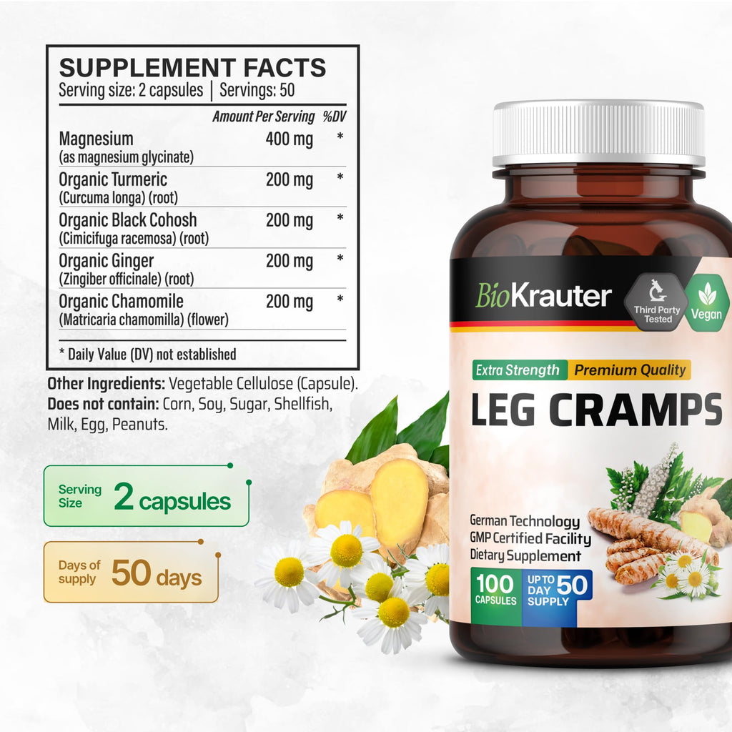 BIO KRAUTER® Magnesium Glycinate for Leg Сramps & Relax - 5-in-1 Formula Magnesium Glycinate 400mg with Turmeric, Black Cohosh, Ginger, Chamomile 1200 mg 100 Caps - No Fillers, Non-GMO, 50-Day Supply BIO KRAUTER Au supplements