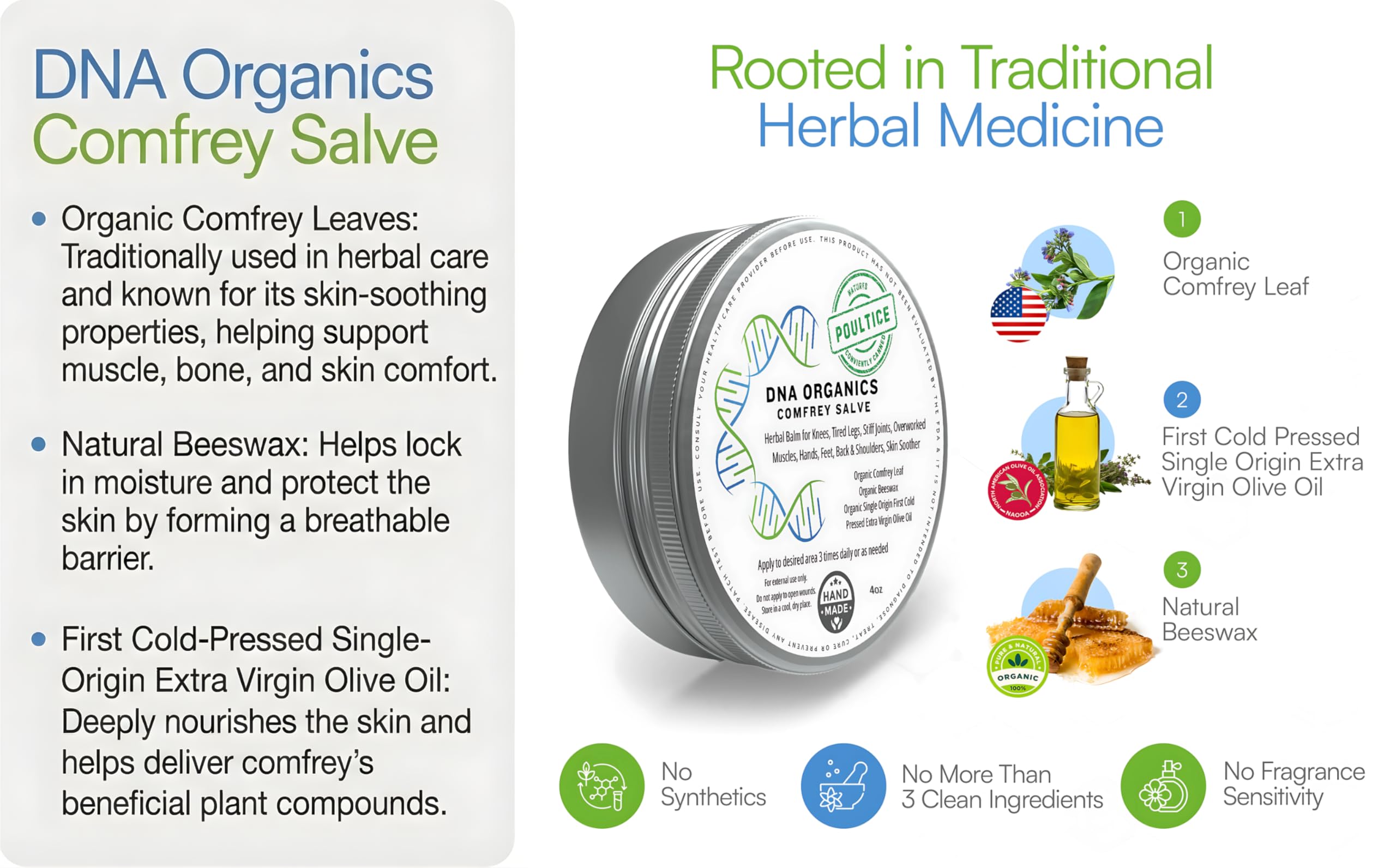 DNA Organics Comfrey Salve Ointment 2oz – Organic Herbal Salve for Bones, Muscles, Joints, Knees, Skin & Tattoo Care. Herbal Balm for Soothing Relief. Handcrafted, Slow-Infused, No Chemical Fillers Wild Castle Au supplements