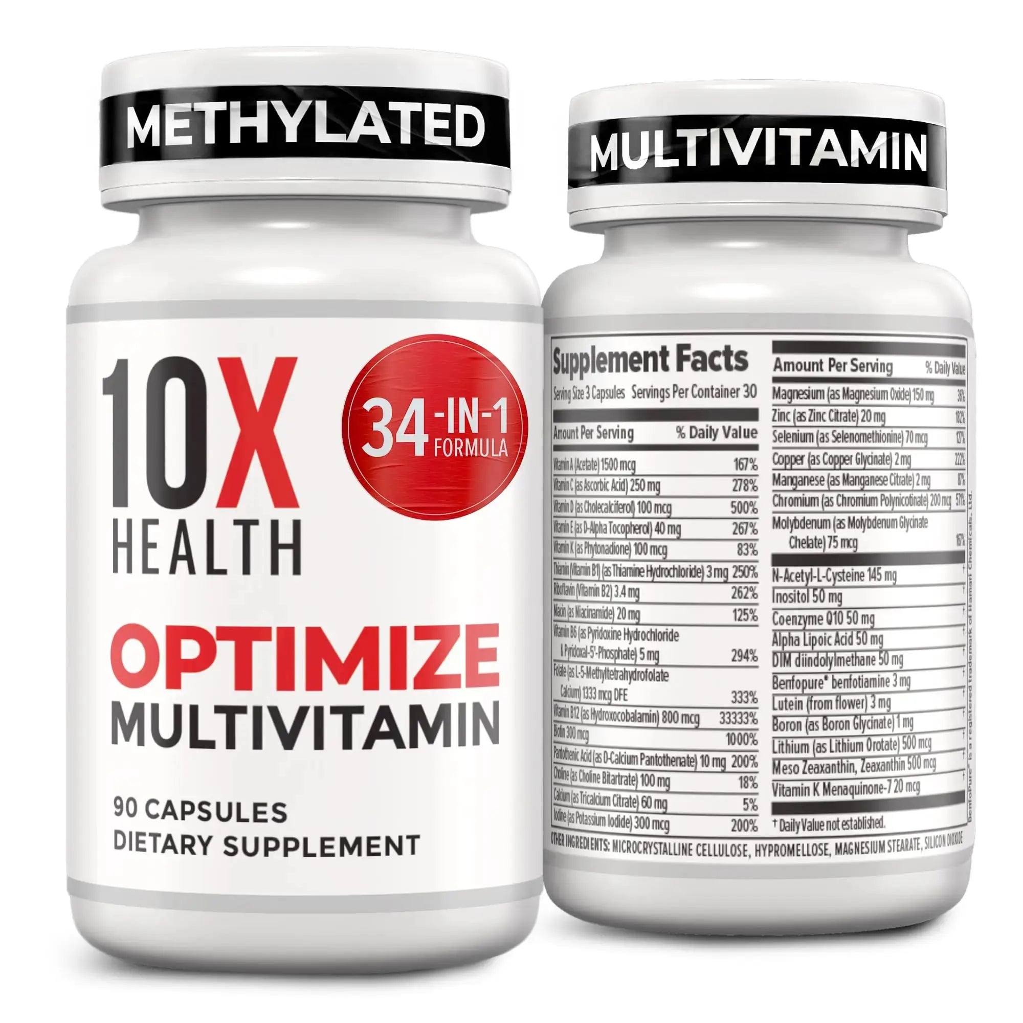 10X Health Optimize Multivitamin for Men - 90 Capsules, Methylated Multivitamin 34 in 1 Formula with 800 mcg of Vitamin B12, 5-MTHF, NAC - Methyl B Complex 10X Health System Au supplements
