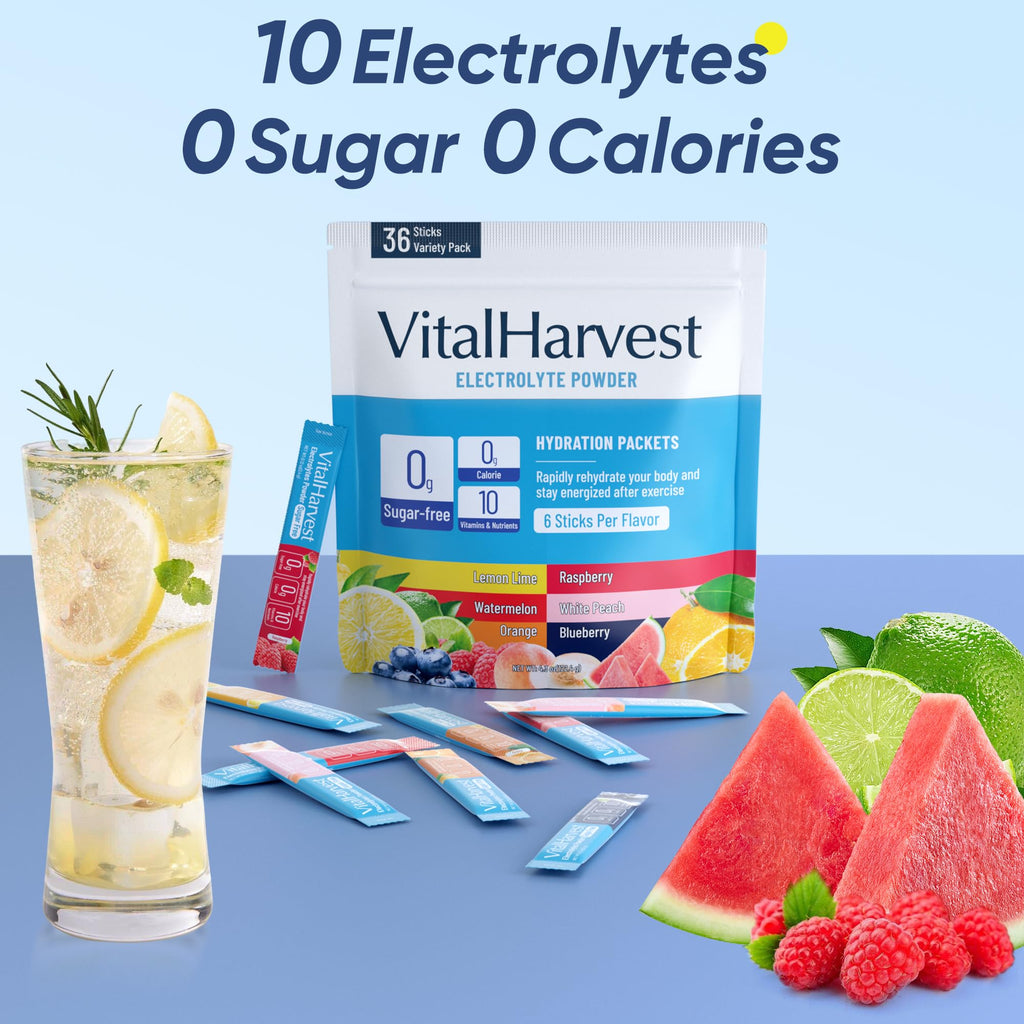 VitalHarvest 36 Sticks Electrolytes Powder Packets 6 Flavors Sugar Free Hydration Packets Electrolyte Liquid Daily IV Drink Mix with Lemon Lime, Watermelon, Orange