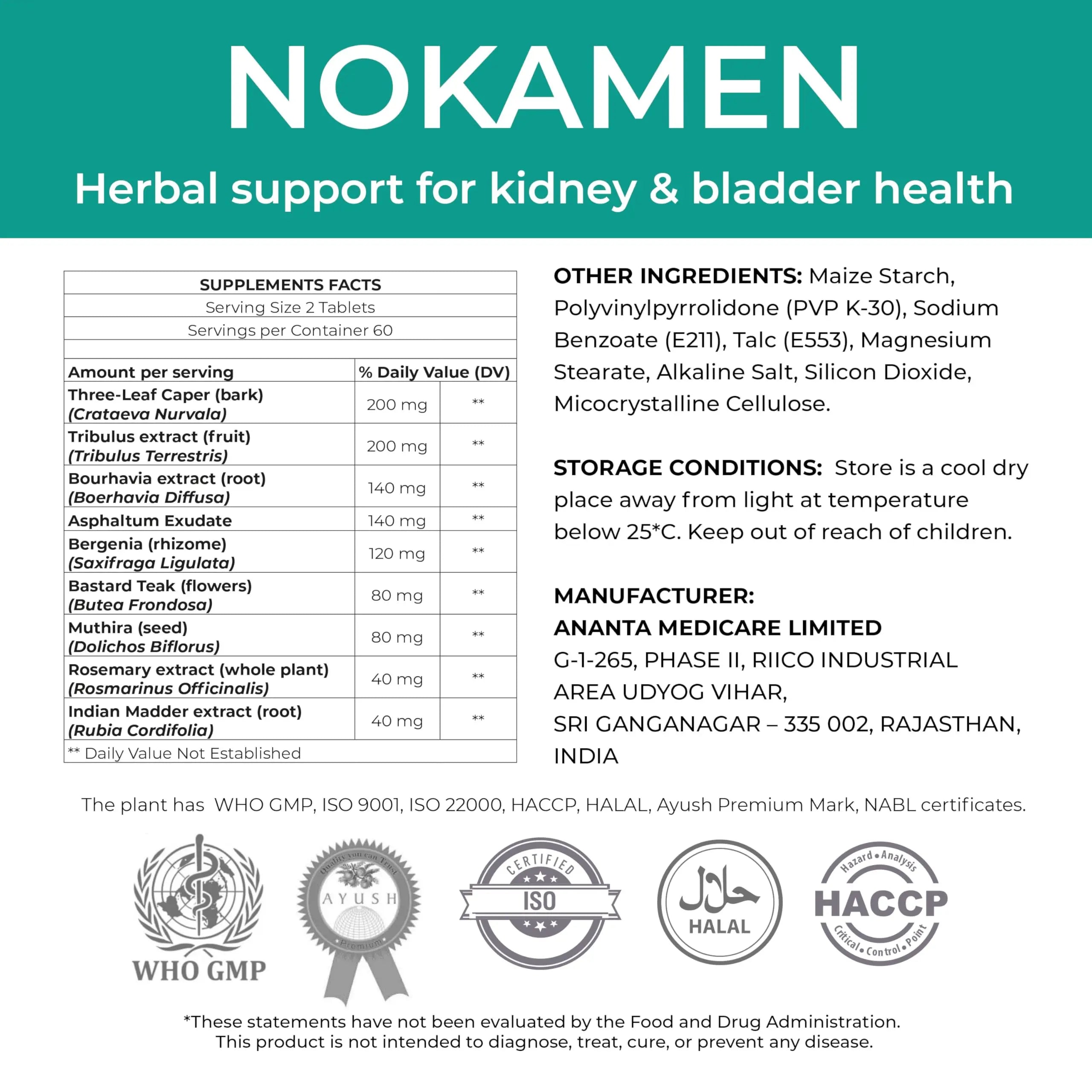 Ananta Medicare USA NOKAMEN – Kidney & Urinary Tract Support Herbal Formula, 120 Tabs Ananta Medicare USA Au supplements