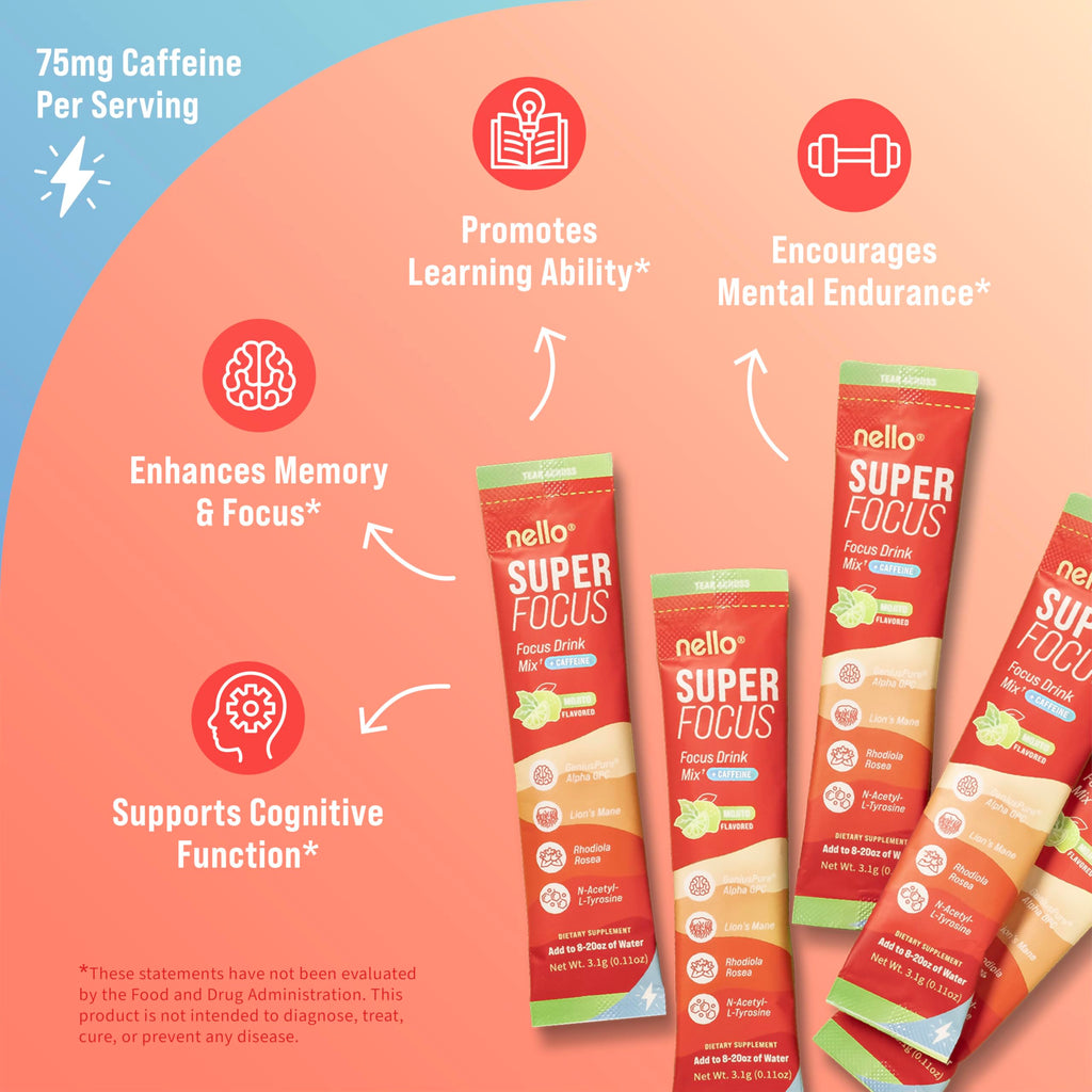 Nello Superfocus Mojito with Caffeine Nootropic Focus Drink Mix, 20 On-The-Go Packets, Alpha GPC, Lions Mane, Rhodiola, Sugar-Free Nello Au supplements