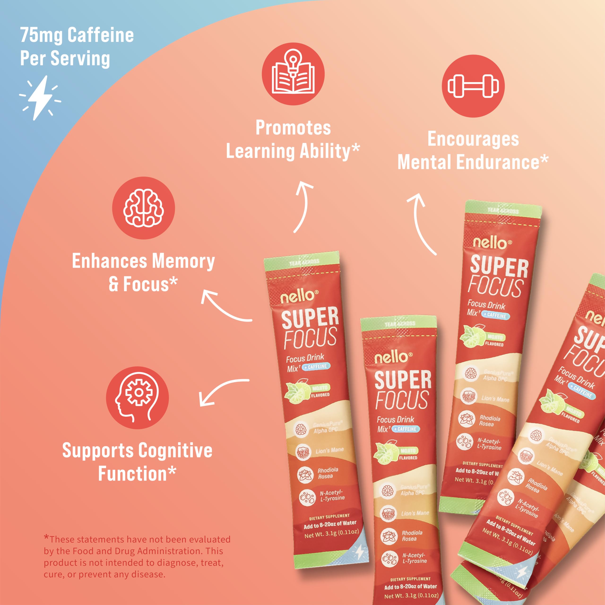 Nello Superfocus Mojito with Caffeine Nootropic Focus Drink Mix, 20 On-The-Go Packets, Alpha GPC, Lions Mane, Rhodiola, Sugar-Free Nello Au supplements
