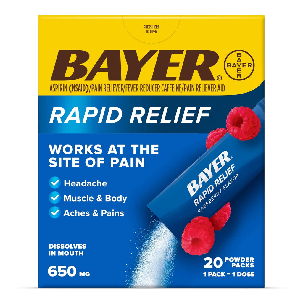 Bayer® Rapid Relief, Dissolvable Raspberry Flavor, Powder Packs with Aspirin & Caffeine, Fast Acting Headache Relief, Muscle and Body Pain Reliever, 20ct Bayer Au supplements
