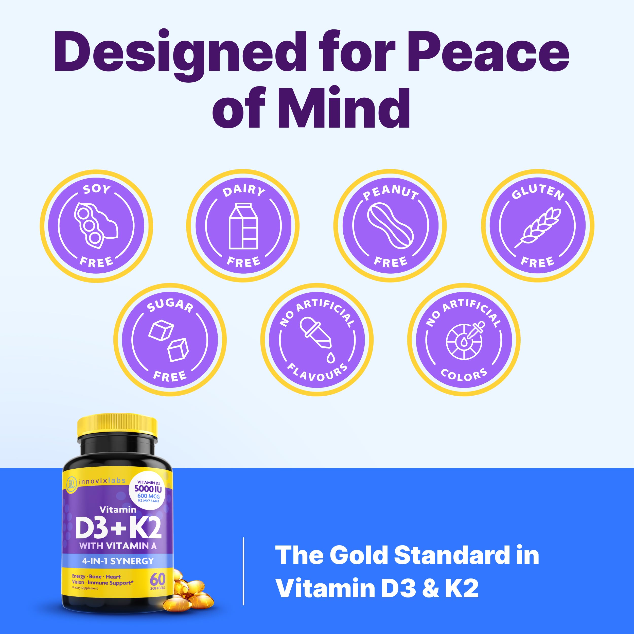 InnovixLabs Vitamin D3 K2-5000 IU Vitamin D3 Plus 600 mcg Vitamin K2 MK4 and MK7 for Max Calcium Absorption, Supports Bone, Immune, Heart Health