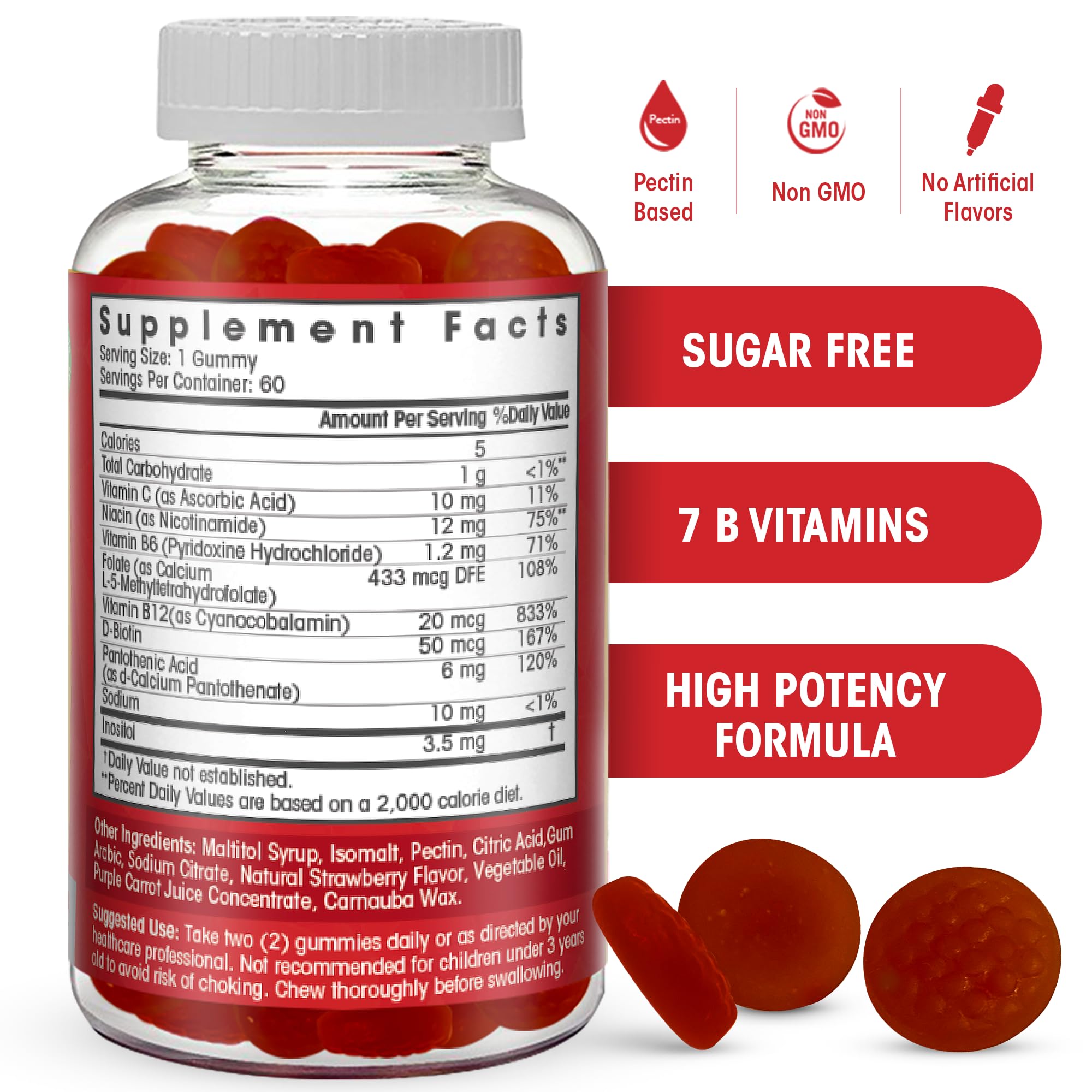 Sugar Free Vitamin B Complex Gummies - Vitamin B12, B7, B6, B3 (Niacin), B5, B8, B9 (Folate)- Third Party Tested- Prenatal, Vegan Diet, Older Adults
