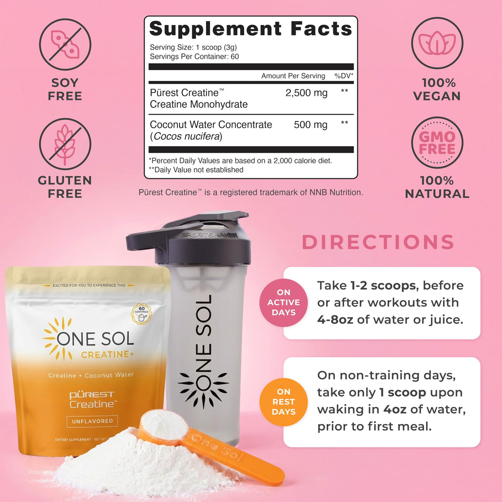 One Sol Creatine for Women, All Natural Women's Creatine Powder w Pure Creatine & Coconut Water, Increase Lean Muscle Mass, Reduce Recovery Time, Promotes Brain & Bone Health (Unflavored, 60 Servings)