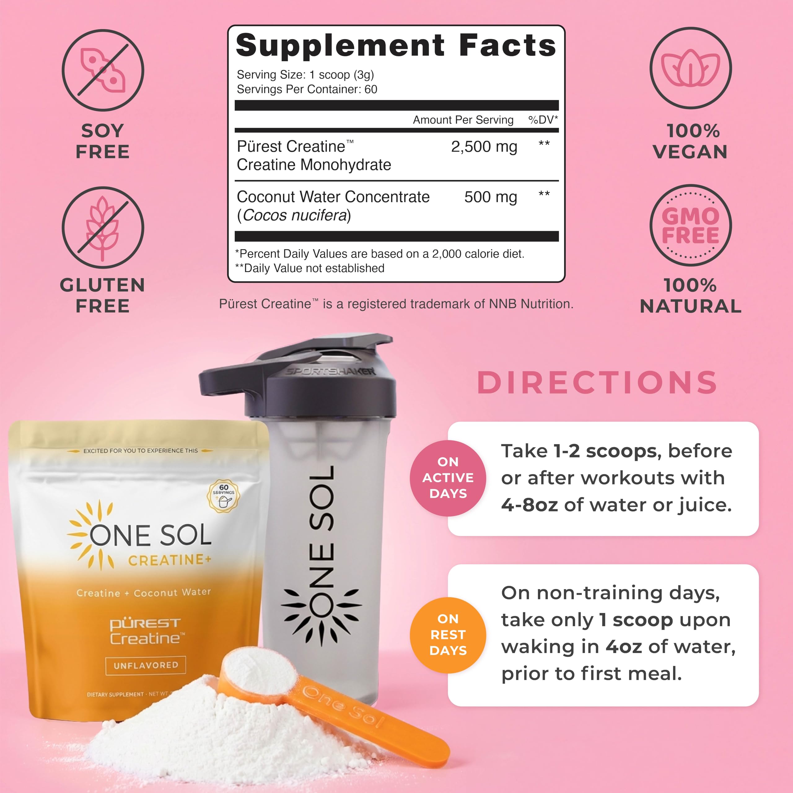 One Sol Creatine for Women, All Natural Women's Creatine Powder w Pure Creatine & Coconut Water, Increase Lean Muscle Mass, Reduce Recovery Time, Promotes Brain & Bone Health (Unflavored, 60 Servings)