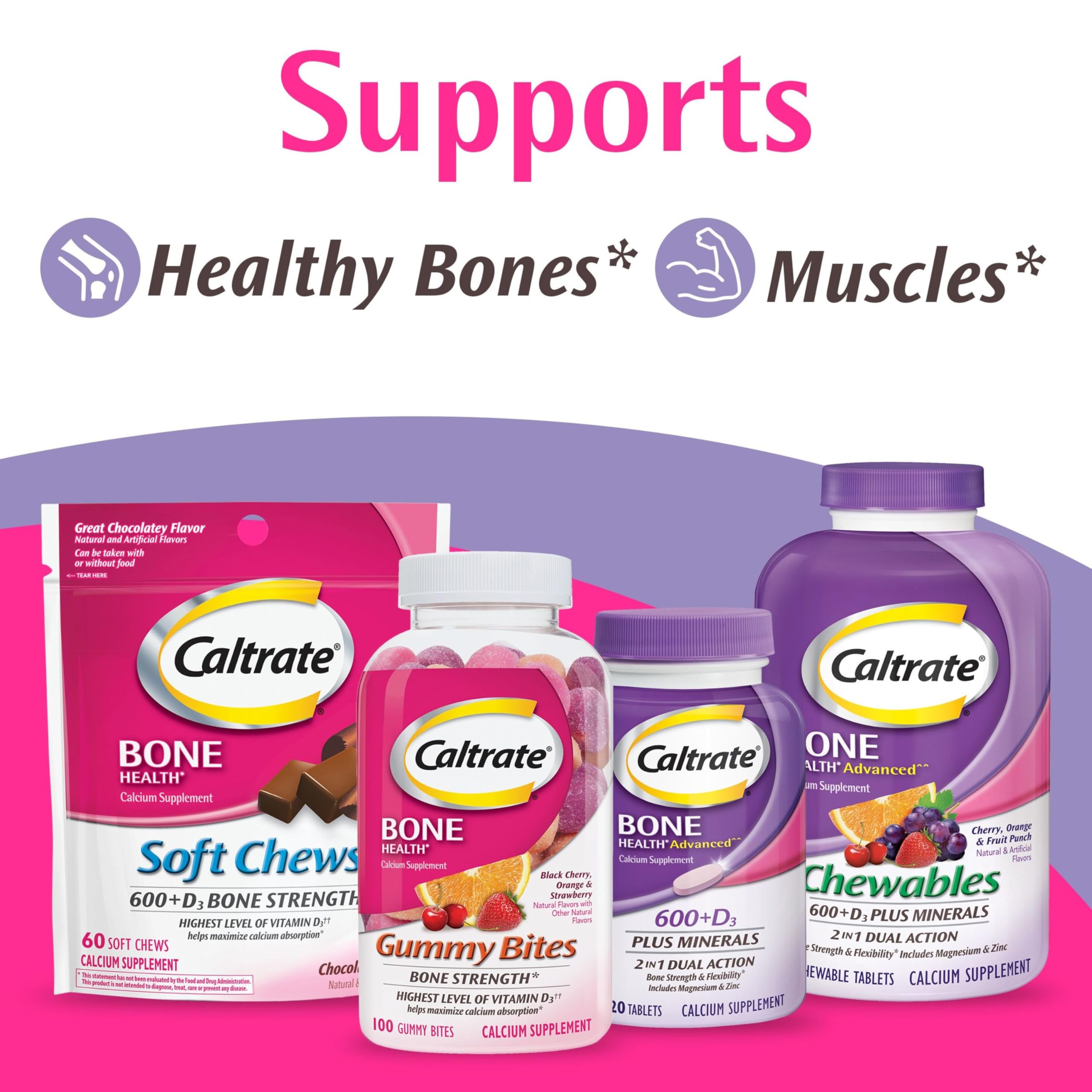 Caltrate Gummy Bites 500 mg Calcium and Vitamin D Supplement, Black Cherry, Strawberry, Orange - 100 Count