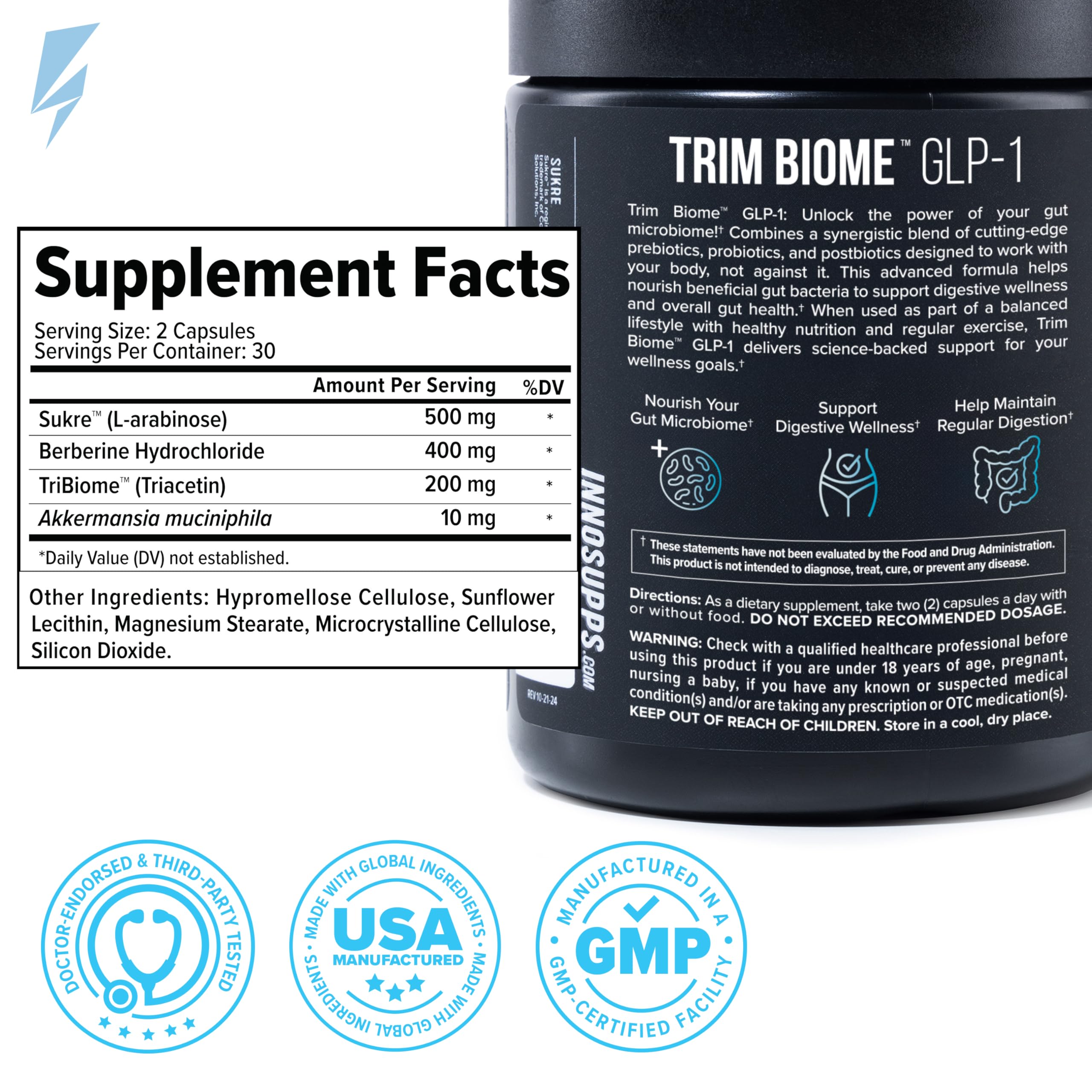 InnoSupps Trim Biome GLP-1 - Gut Health + Metabolic Support* - Prebiotic + Probiotic + Postbiotic - Akkermansia + Berberine - 60 Capsules. 30 Servings InnoSupps Au supplements