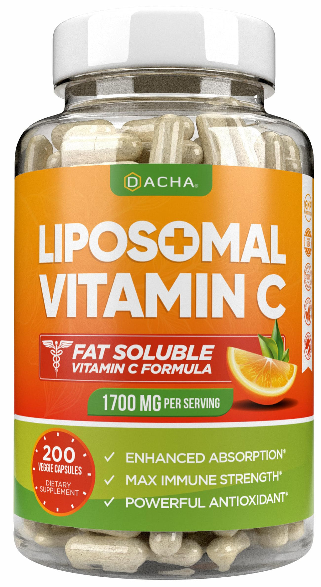 DACHA Natural Liposomal Vitamin C - 1700mg, 200 Capsules, Immune System & Collagen Booster, High Absorption Fat Soluble VIT C