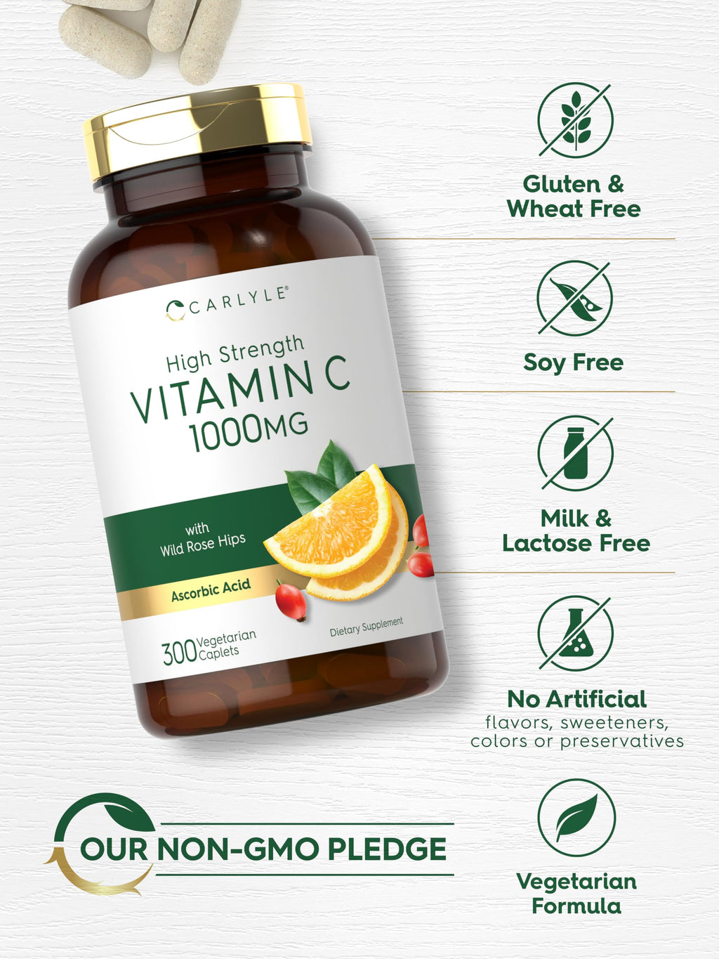 Carlyle Vitamin C 1000mg | 300 Vegetarian Caplets | Ascorbic Acid with Wild Rose Hips | High Strength Formula