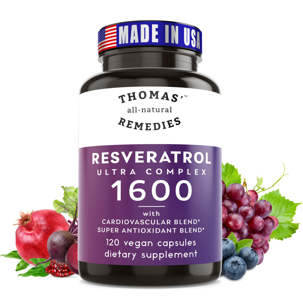 Thomas' all-natural Remedies Resveratrol 1600mg Organic Trans-Resveratrol Antioxidant Supplement with Organic Grape Seed Extract and Quercetin