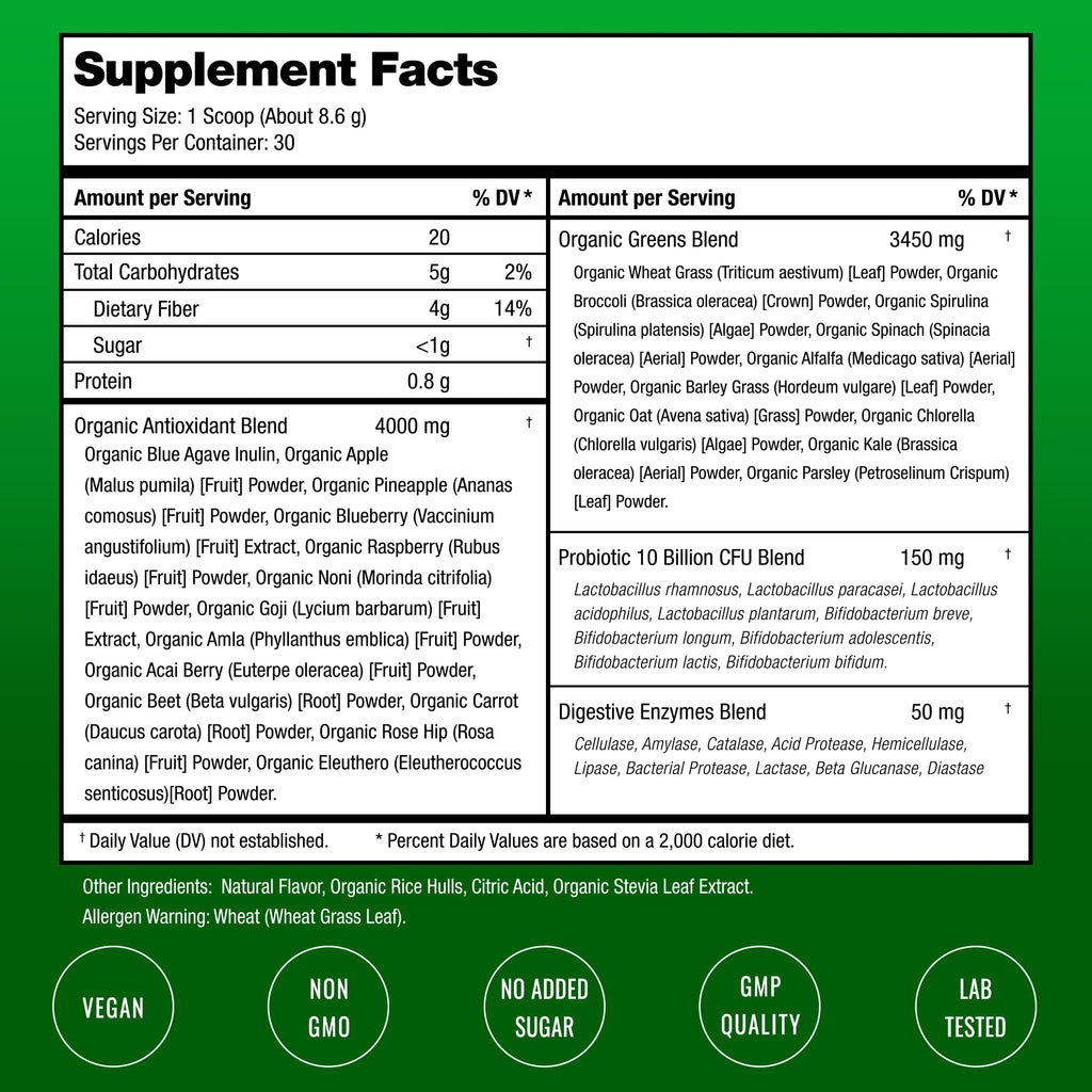 SuperGreens Powder, 40+ Organic Superfoods, Probiotics & Enzymes for Energy, Digestion, Gut Health & Bloating | Organic Fruit & Veggie Drink Mix, Daily Green Juice
