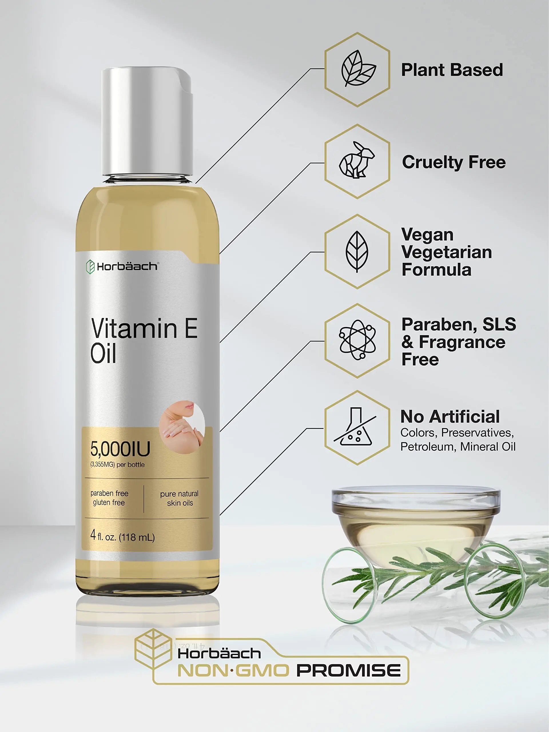 Vitamin E Oil | 5000 IU | 8 oz (2 x 4oz) Value Pack | for Skin, Hair, Face & Body | Vegetarian Horbäach Au supplements