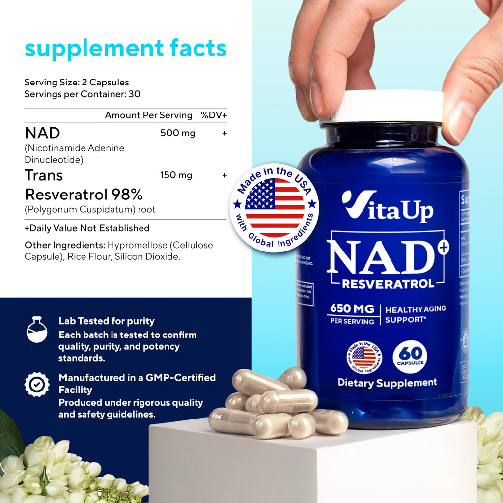 VitaUp NAD+ Resveratrol Supplement - USA Made Trans Resveratrol NAD Supplement 650mg - Nicotinamide Adenine Dinucleotide Capsules for Healthy Aging, Energy & Focus Support - 60 Count VitaUp Au supplements