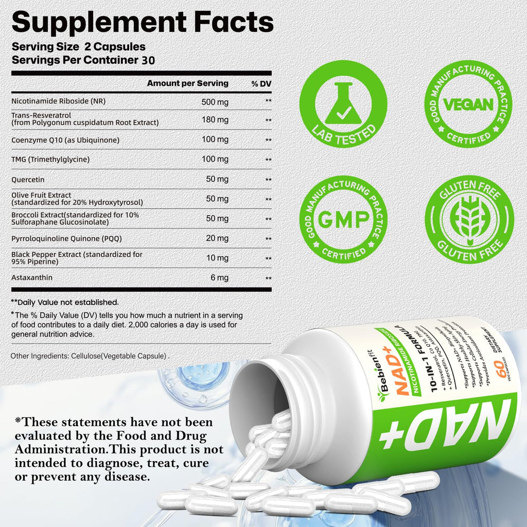 Nad Supplement for Healthy Aging | Energy| Antioxidant| Skin Health| Focus ,10-in-1 Formula with NR,Trans-Resveratrol,CoQ10,Astaxanthin,PQQ,TMG,Quercetin,Olive Fruit Nad+ for Women Men,60 Vegan Caps Bebien fit Au supplements