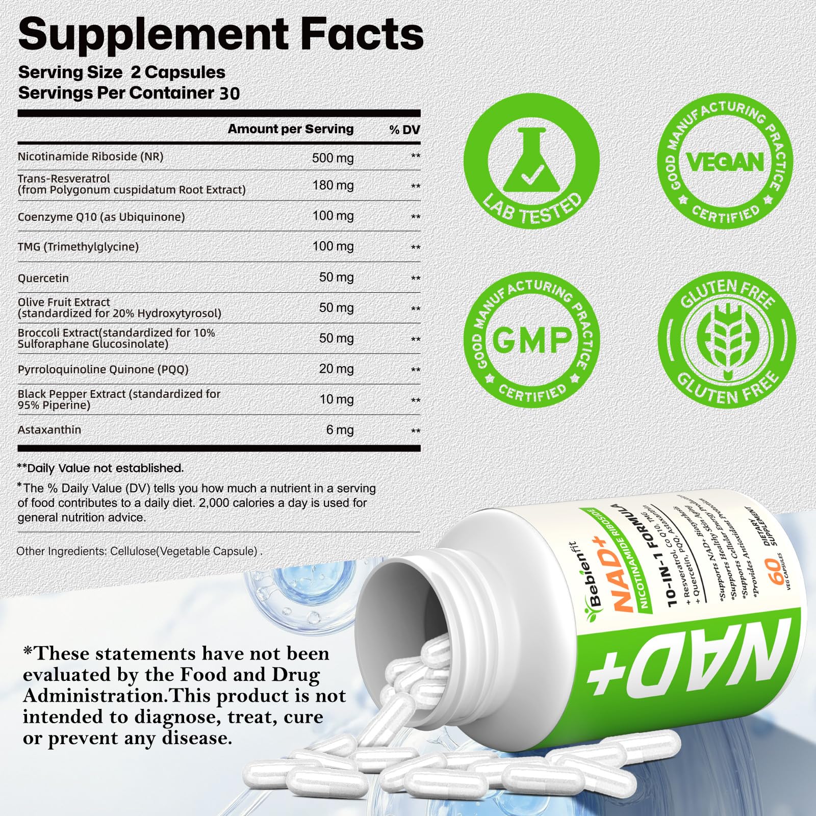 Nad Supplement for Healthy Aging | Energy| Antioxidant| Skin Health| Focus ,10-in-1 Formula with NR,Trans-Resveratrol,CoQ10,Astaxanthin,PQQ,TMG,Quercetin,Olive Fruit Nad+ for Women Men,60 Vegan Caps Bebien fit Au supplements
