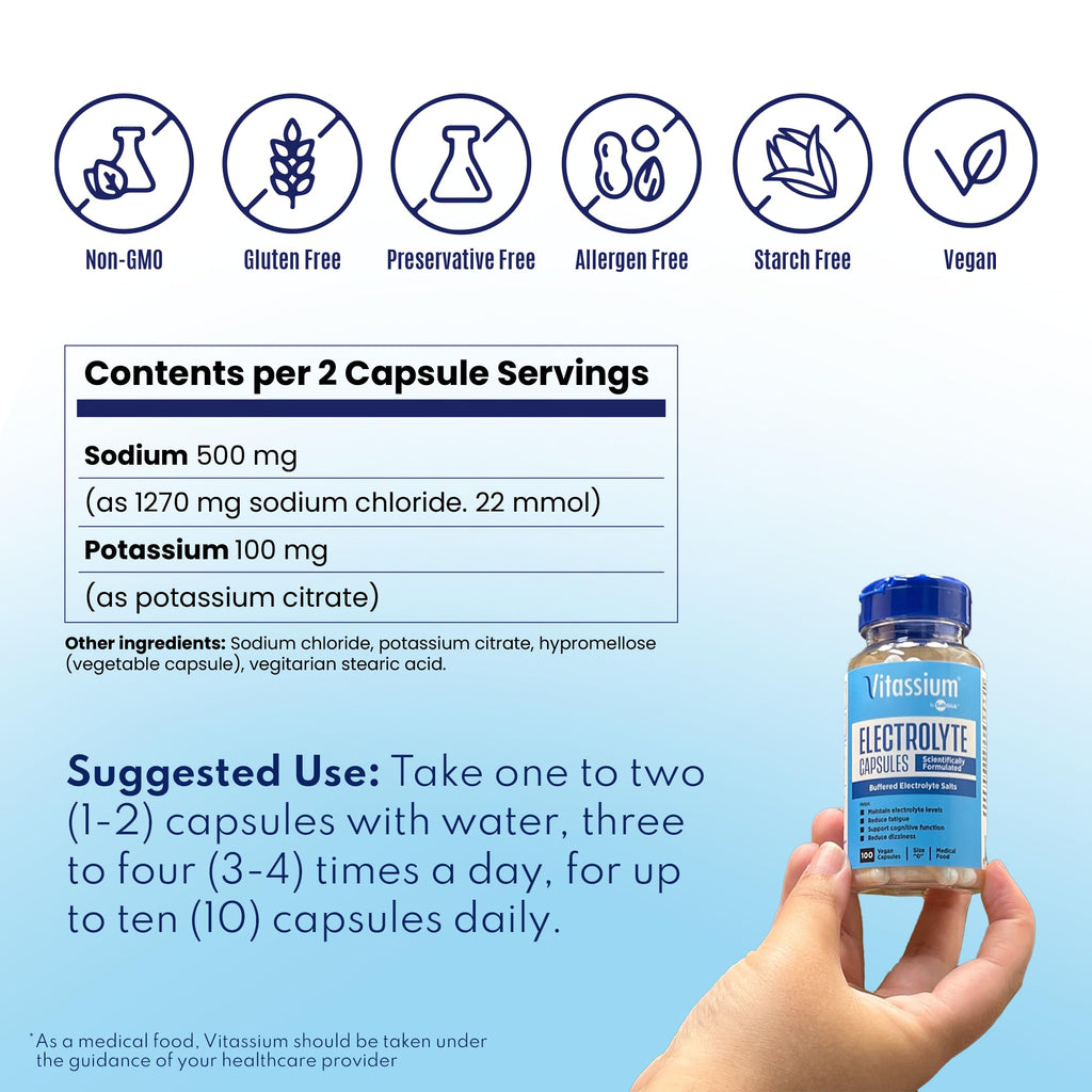 Vitassium Electrolyte Capsules, Electrolytes for The Management of POTS and High Sodium Diets (500mg Sodium - 100mg Potassium)