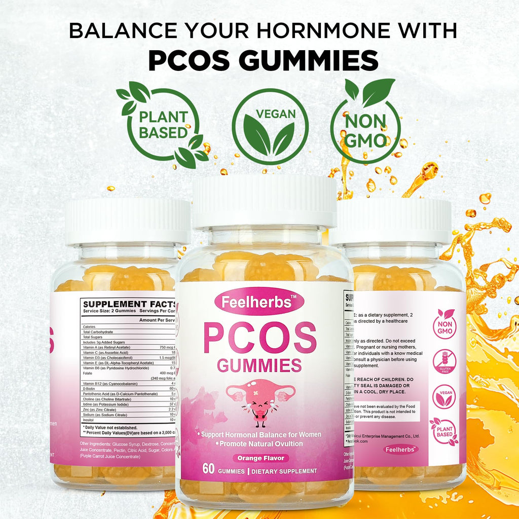 PCOS Gummies for Women Menstrual Cycle & Hormonal Balance, 60 Count Ovarian Support Gummies with Myo-Inositol, Folate and Vitamins, Orange Flavor PCOS Vitamins Gummies Helps Fertility and Ovulation Feelherbs Au supplements