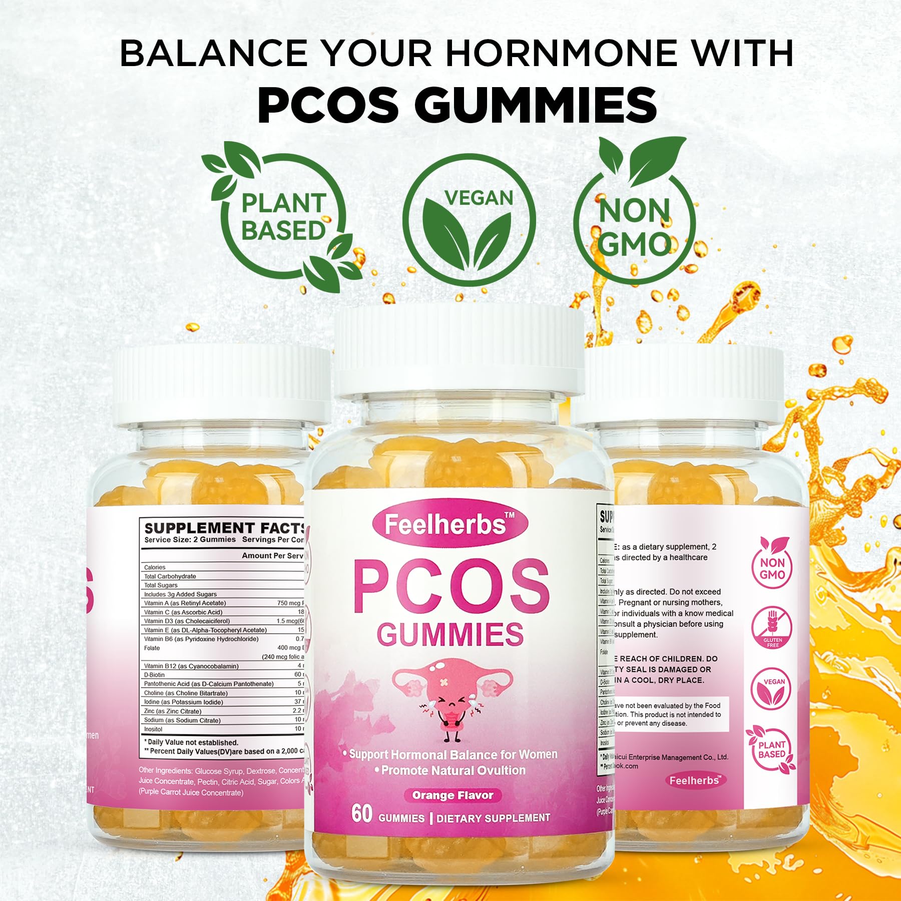 PCOS Gummies for Women Menstrual Cycle & Hormonal Balance, 60 Count Ovarian Support Gummies with Myo-Inositol, Folate and Vitamins, Orange Flavor PCOS Vitamins Gummies Helps Fertility and Ovulation Feelherbs Au supplements