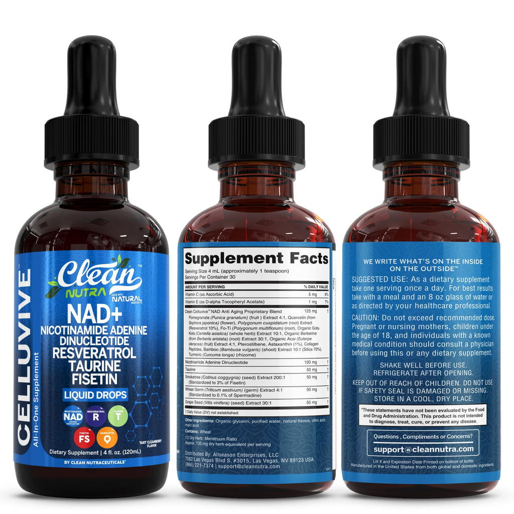 Clean Nutra NAD Liquid Supplement Drops Resveratrol Polyphenols Liposomal Taurine Fisetin Grape Seed Extract Japanese Knotweed Fo Ti Anti Aging NAD+ Nicotinamide Adenine Dinucleotide for Women & Men Clean Nutraceuticals Au supplements