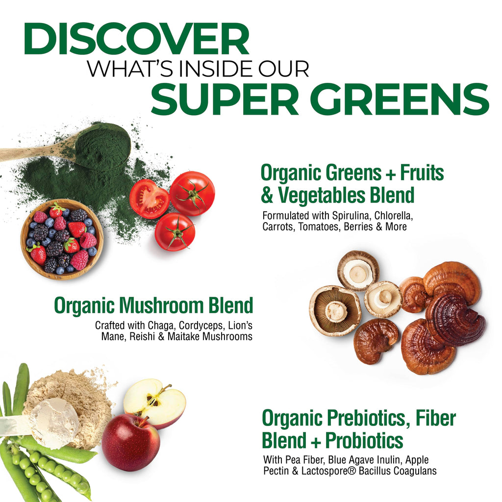 Country Farms Organic Super Greens Natural Flavor, 50 Organic Super Foods, Packed with Fiber, USDA Organic Drink Mix, Fruits, Vegetables, Mushrooms & Probiotics