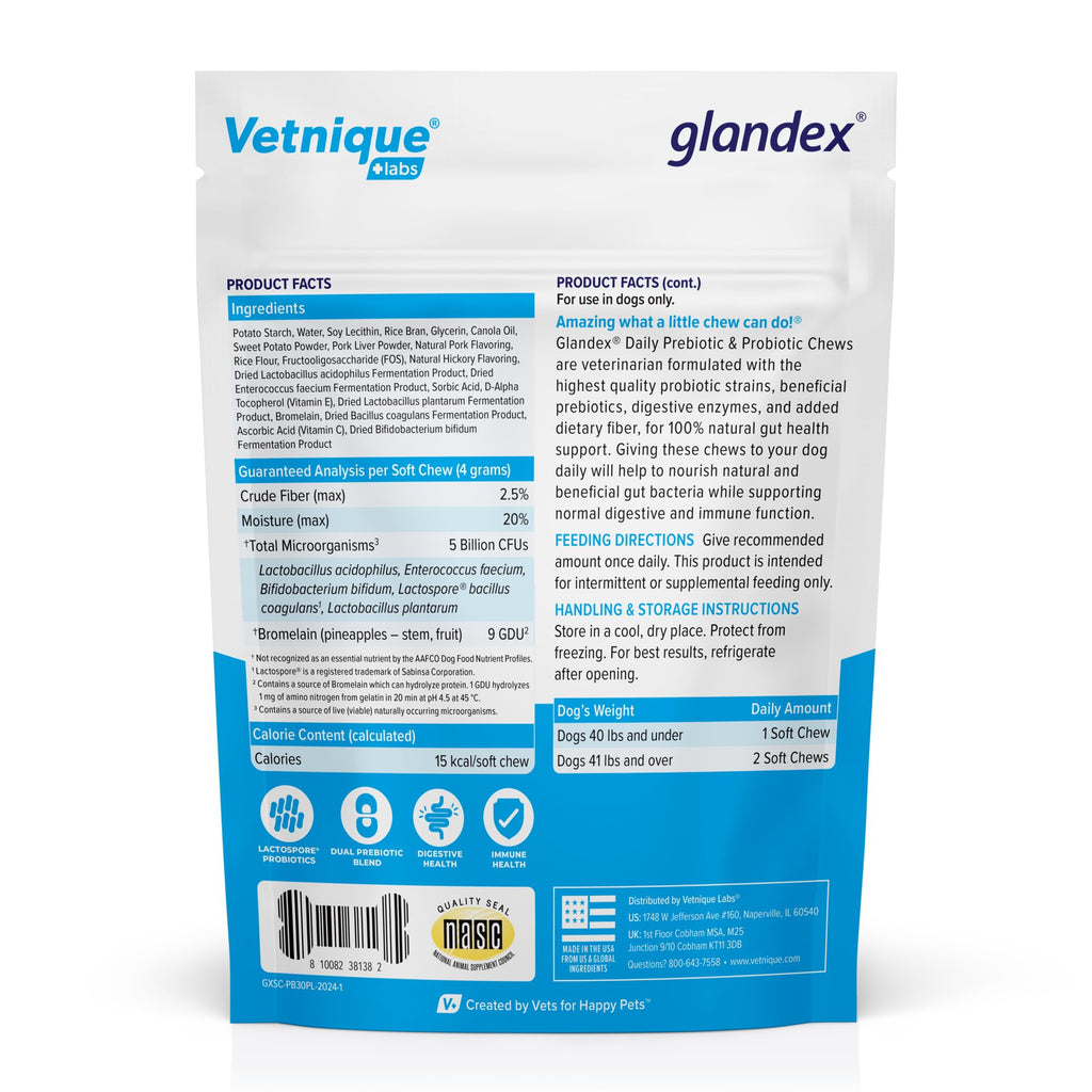 Vetnique Glandex Daily Probiotics for Dogs with Prebiotics to Support Gut Health with Fiber and Digestive Enzymes, Dog Probiotic Chews or Powders (30ct Chews, Bacon Chews) Vetnique Au supplements