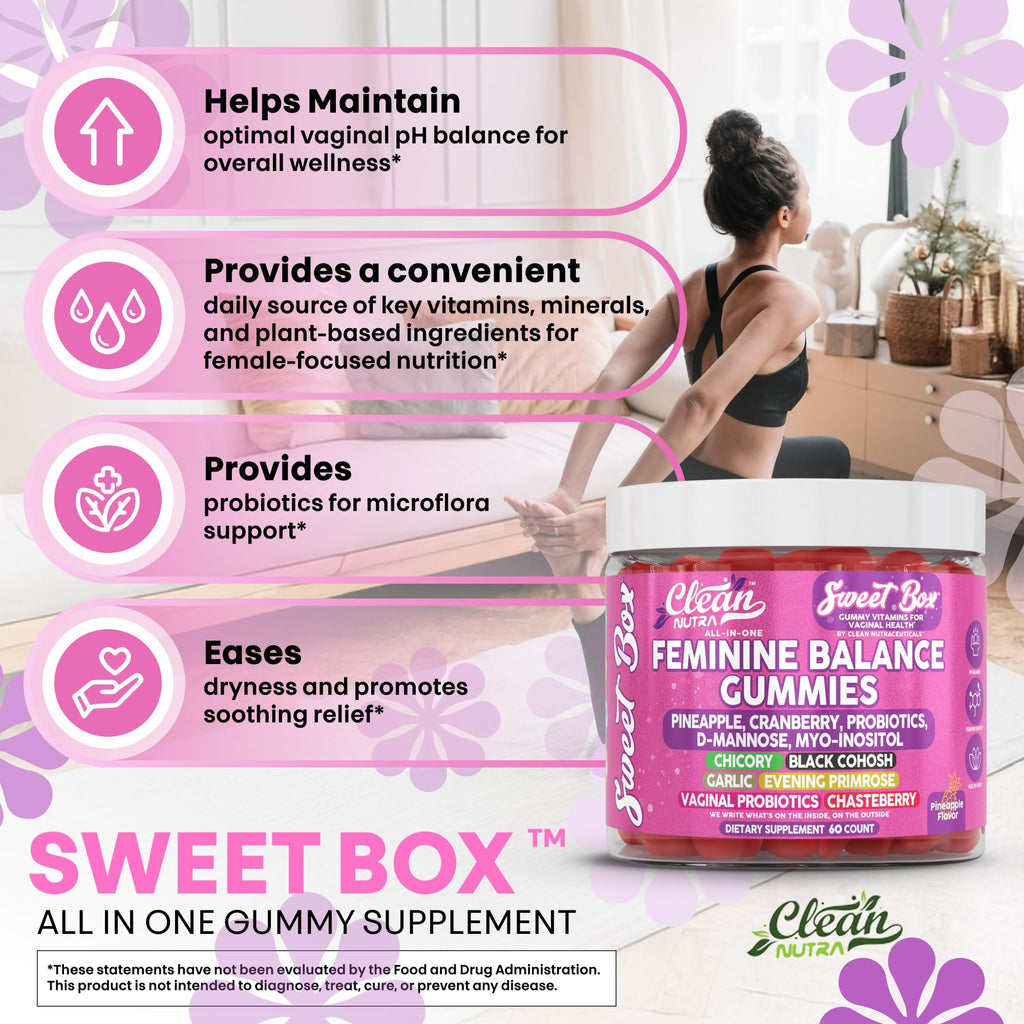 Clean Nutra Feminine Balance Gummies for Women Pineapple VaginalProbiotics pH Balance Cranberry D Mannose Supplement Inositol Black Cohosh Evening Primrose Garlic Vitex GLA Prebiotics Folate 60ct Clean Nutraceuticals Au supplements