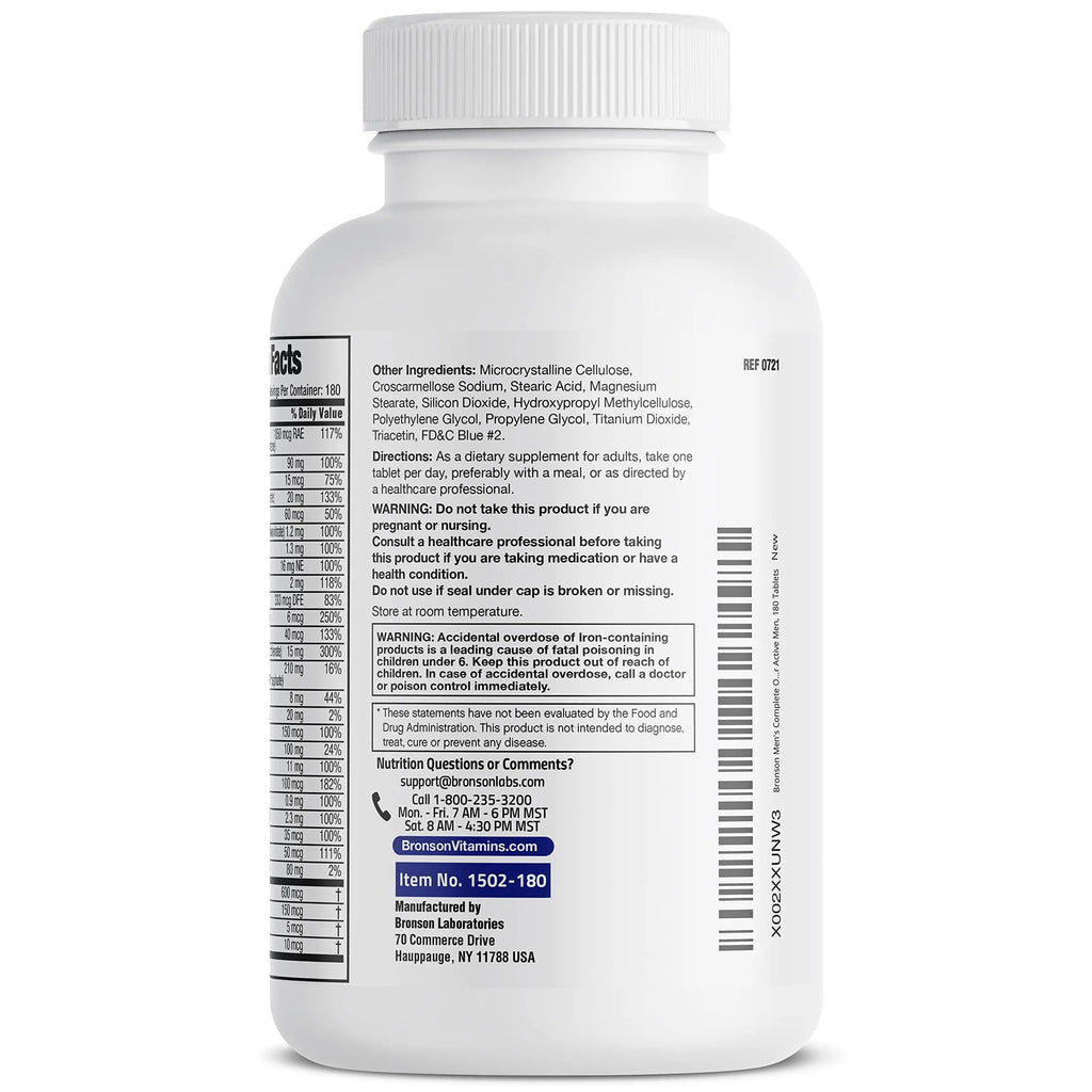 Bronson ONE Daily Men’s Complete Multivitamin Multimineral Once-Daily Multi for Active Men, 180 Tablets Bronson Au supplements