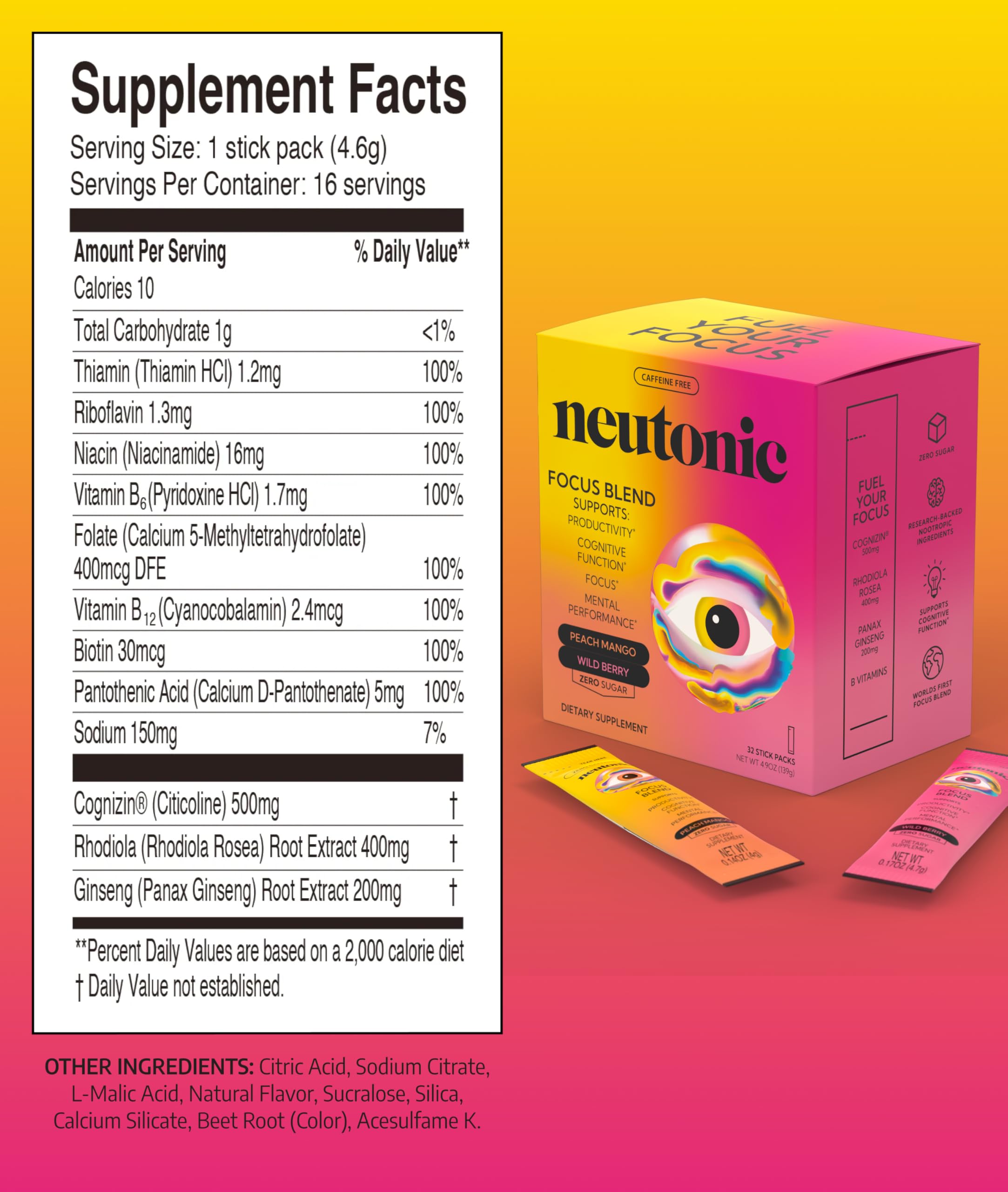 Neutonic Nootropic Focus Blend Powder | Peach Mango & Wild Berry 32 Sticks | Caffeine Free, Zero Sugar | Support Memory, Mental Clarity, Cognitive Function | Boost Focus, Energy, Brain Health Neutonic Au supplements